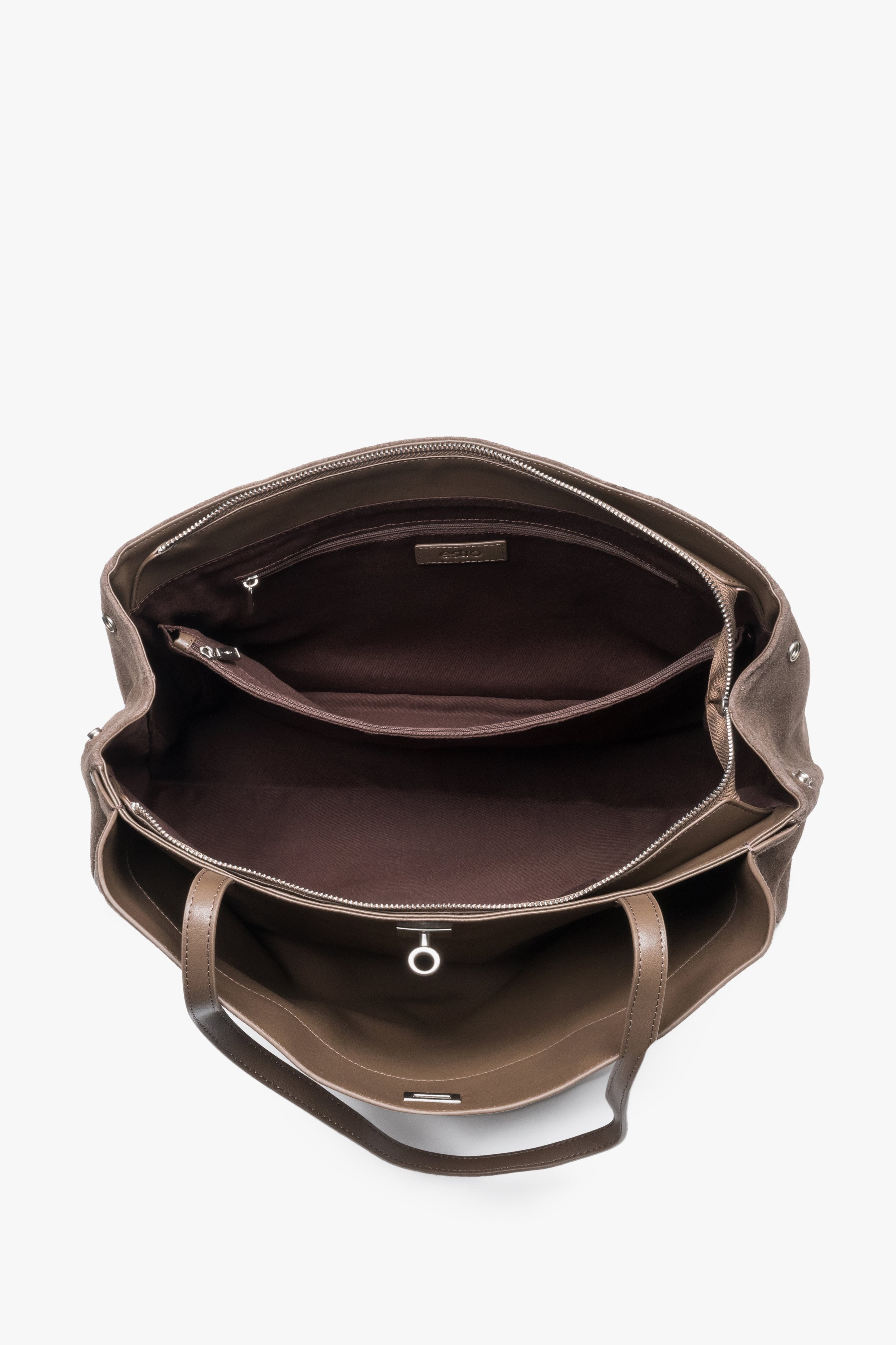 Braune Damen-Shopper-Tasche aus Veloursleder mit geöffnetem Innenraum