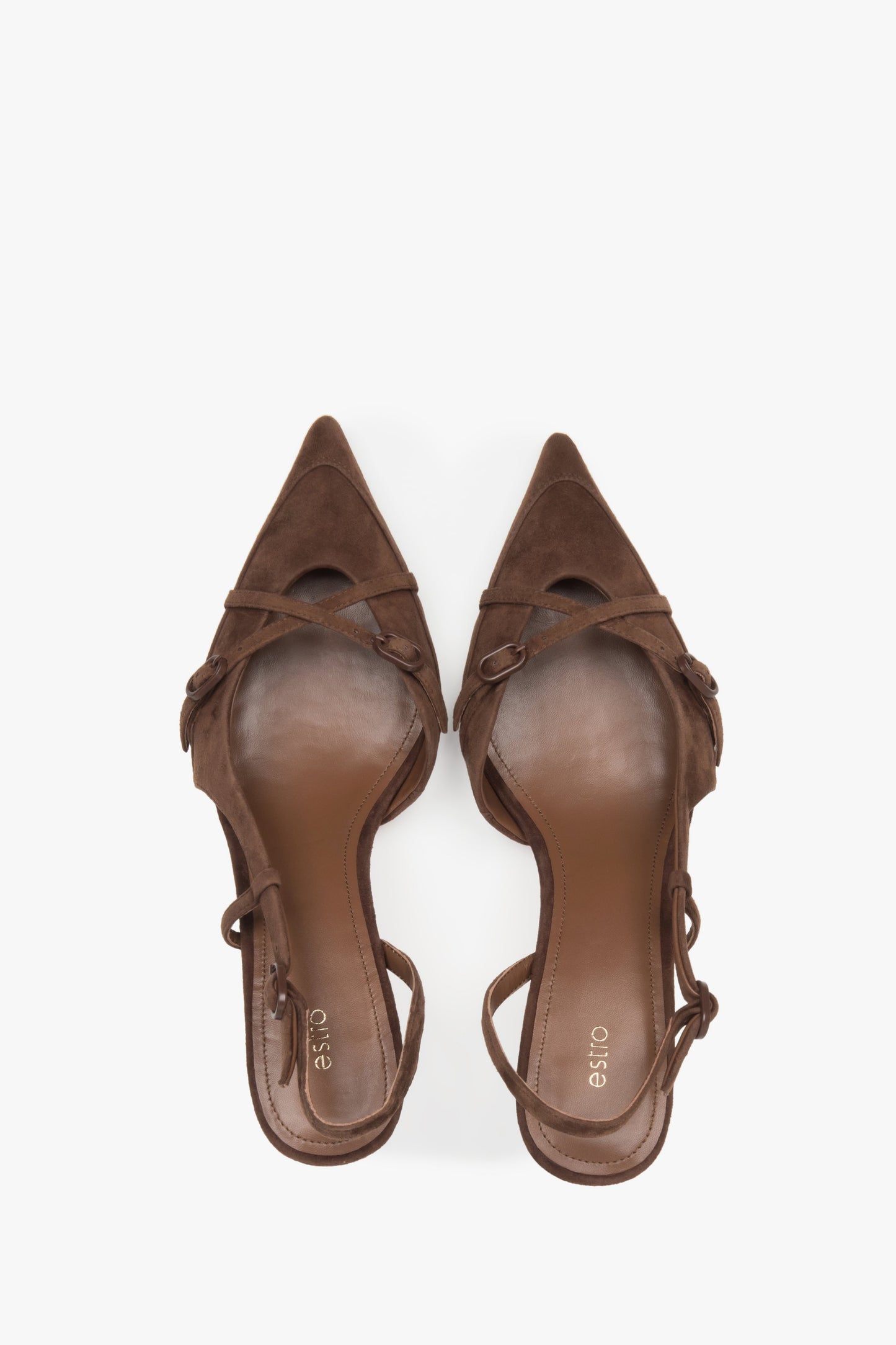 Damen-Slingbacks aus braunem Velours mit kleinem Absatz.