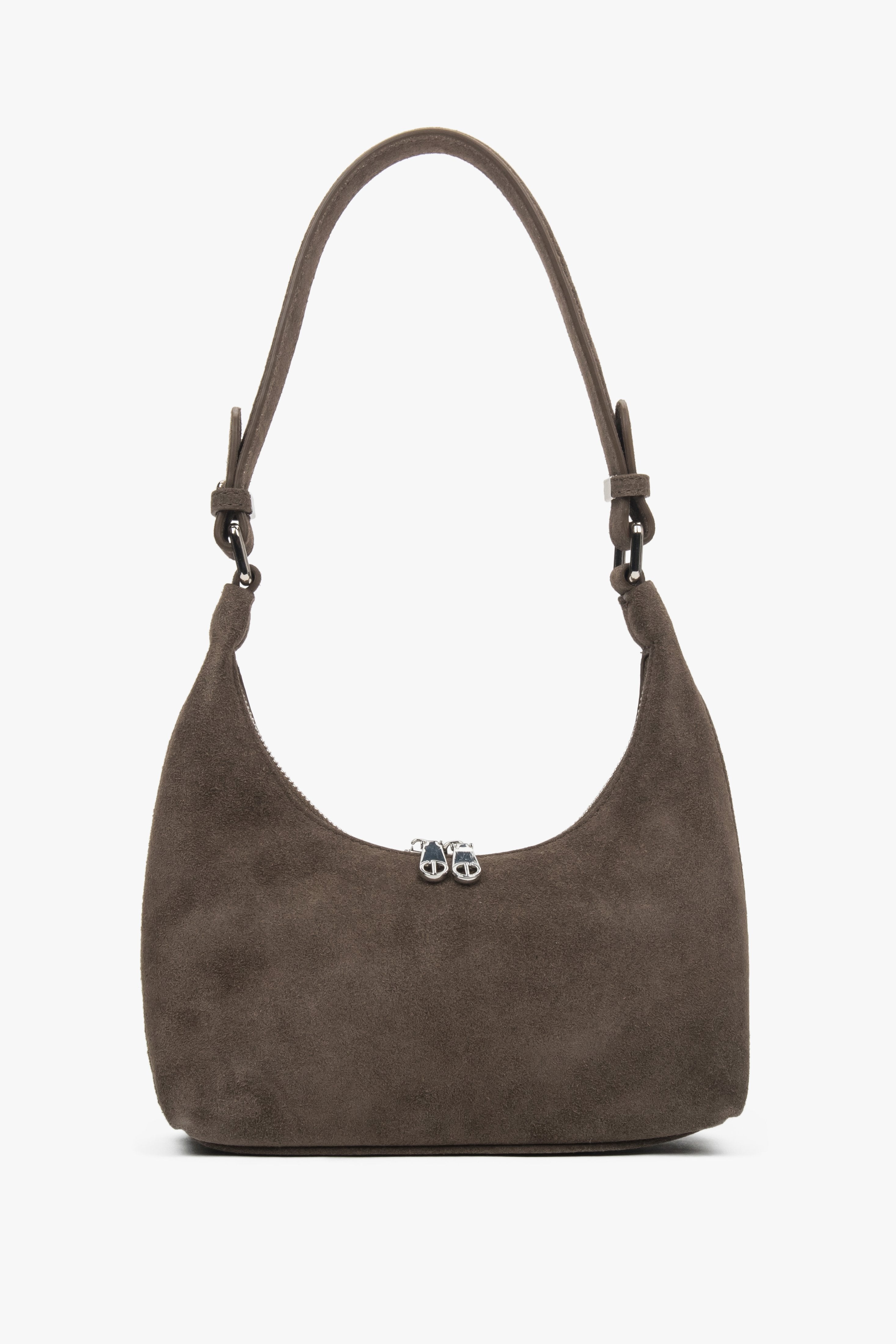 Frontale Ansicht der braunen Damen-Schultertasche aus Velours im angesagten Halbmond-Design