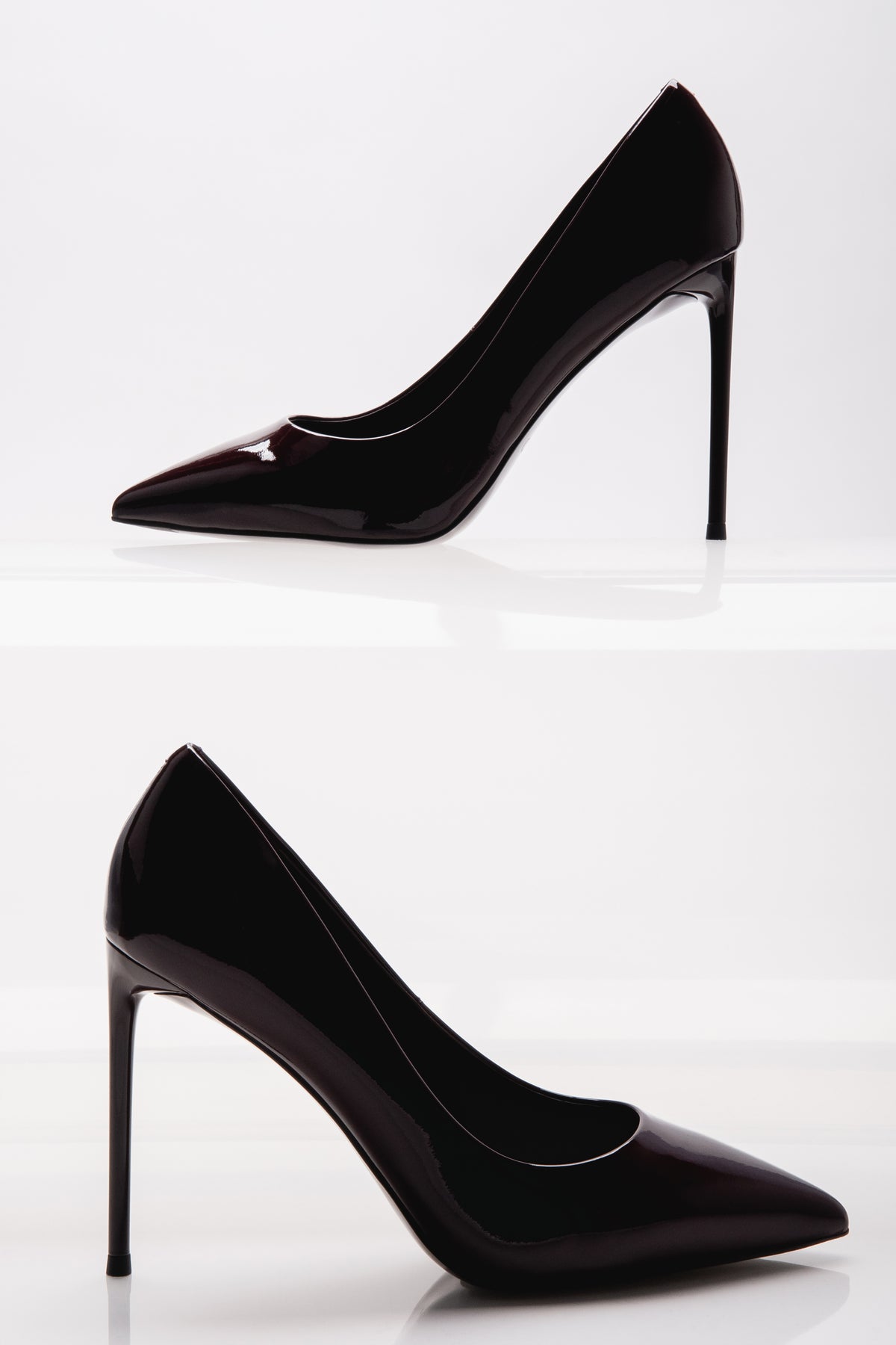 Kombinierte Studioansichten des schwarzen Lackleder-Stilettos aus verschiedenen Blickwinkeln