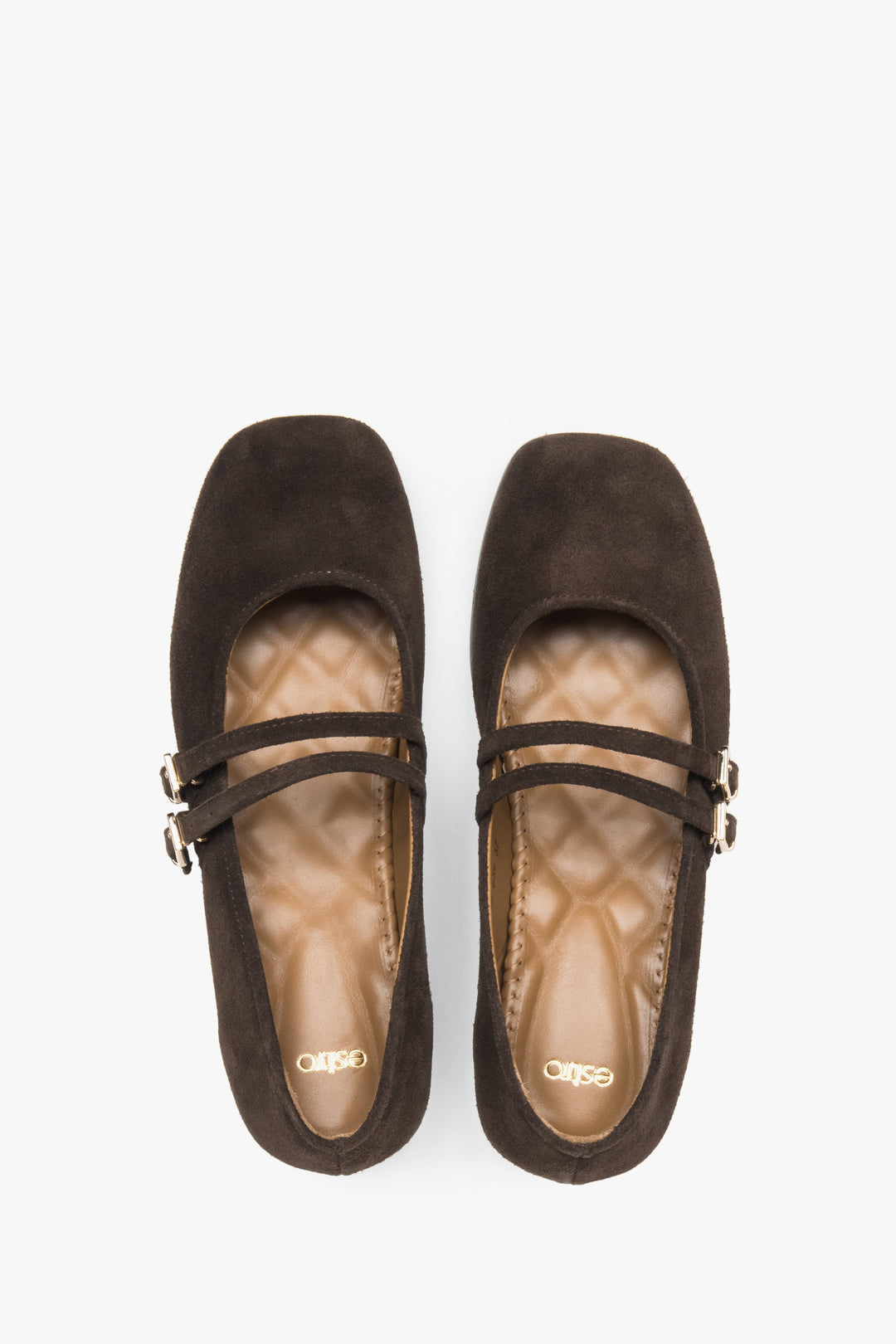 Stilvolle dunkelbraune Damen Ballerinas von Estro mit Schnalle aus italienischem Premium Echtvelours.