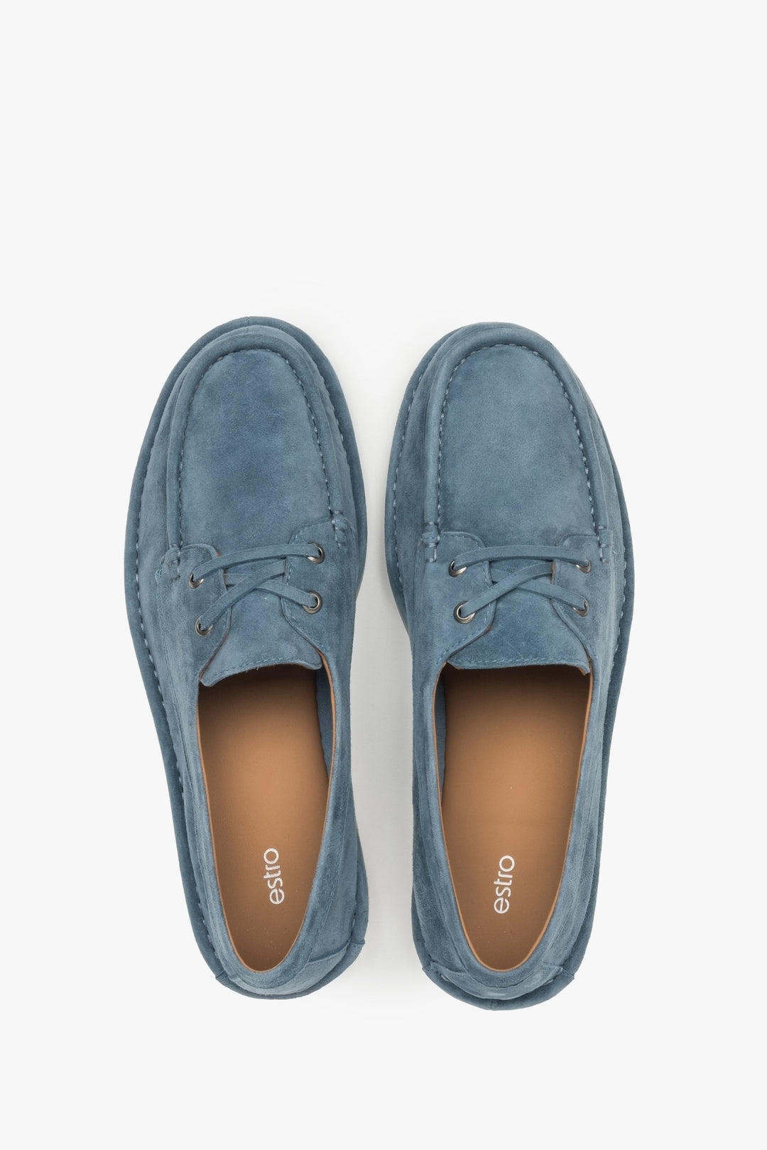 Bequeme blaue Damen-Loafer von Estro aus Velours, im maritimen Stil geschnürt – Ansicht von oben.