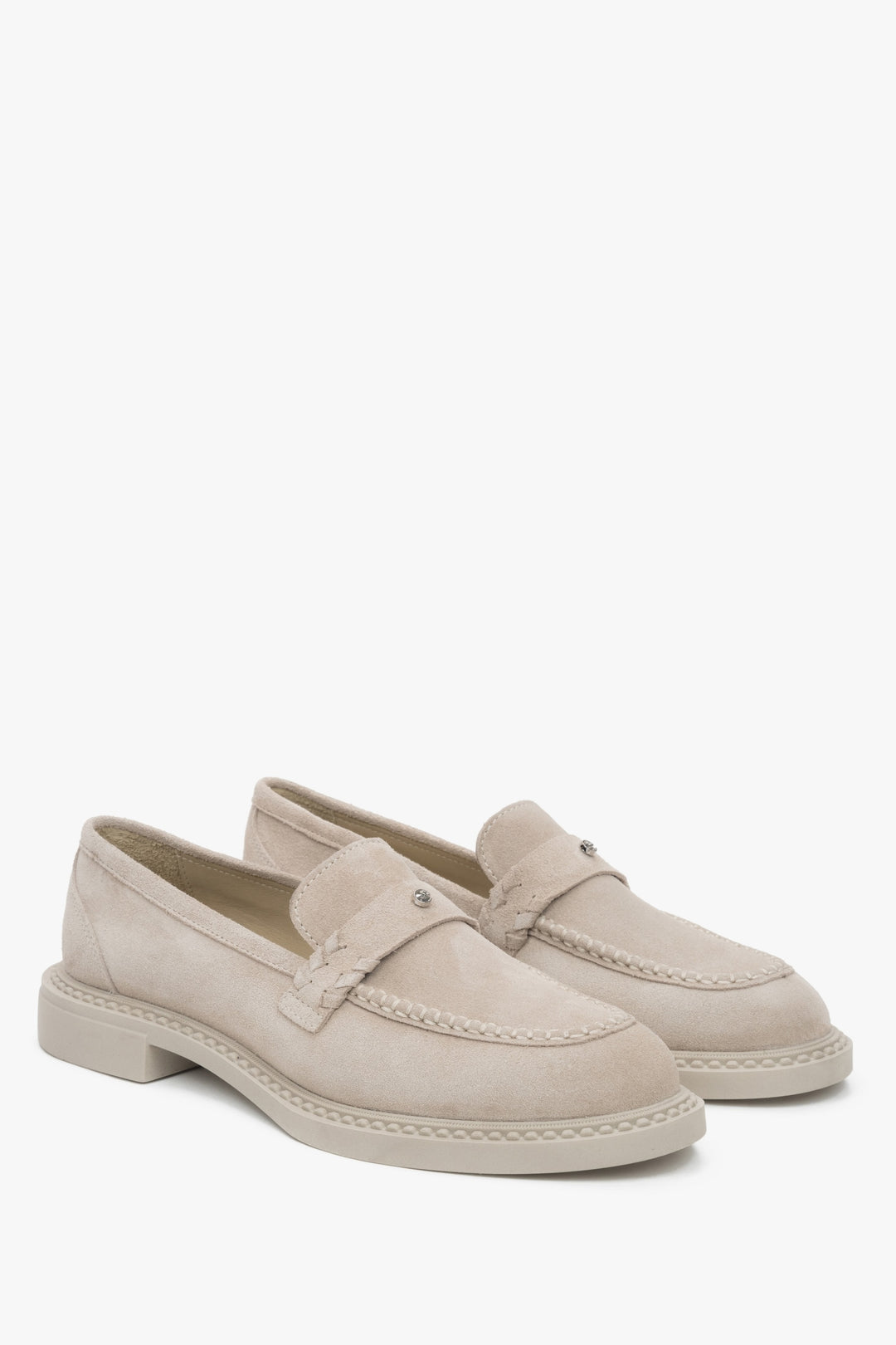 Beiger Slipper für Damen aus Velours mit Zierstreifen auf der Zunge, Estro ER00117003.