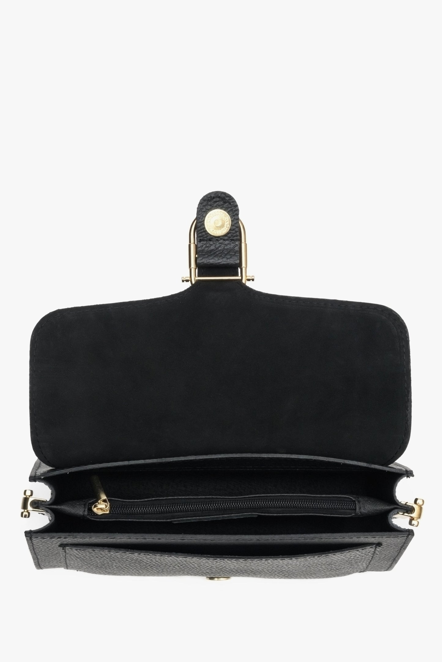 Kleine Damenhandtasche aus Leder in Schwarz – Präsentation des Tascheninneren.