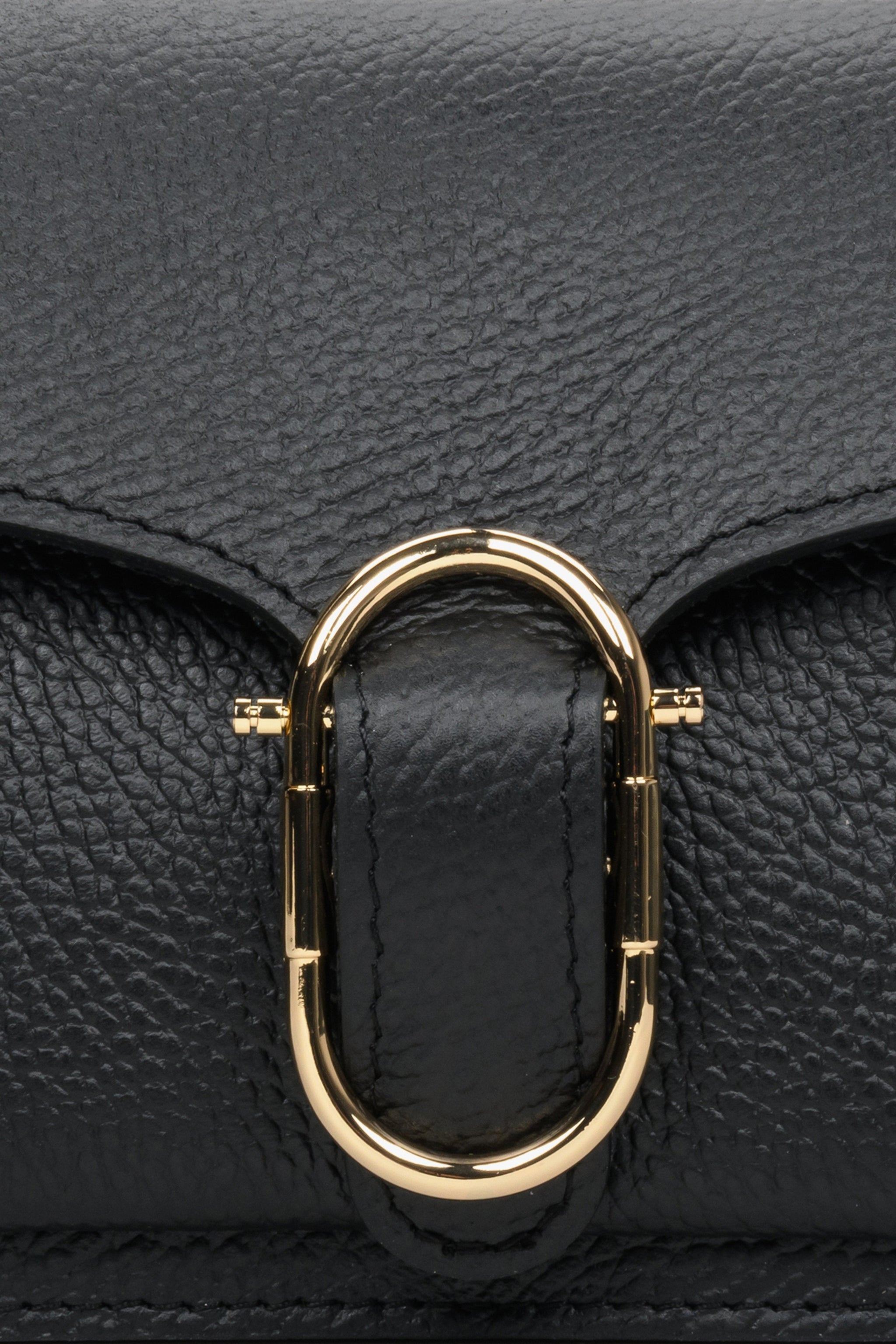 Kleine schwarze Damenhandtasche – Nahaufnahme der goldenen Applikation.