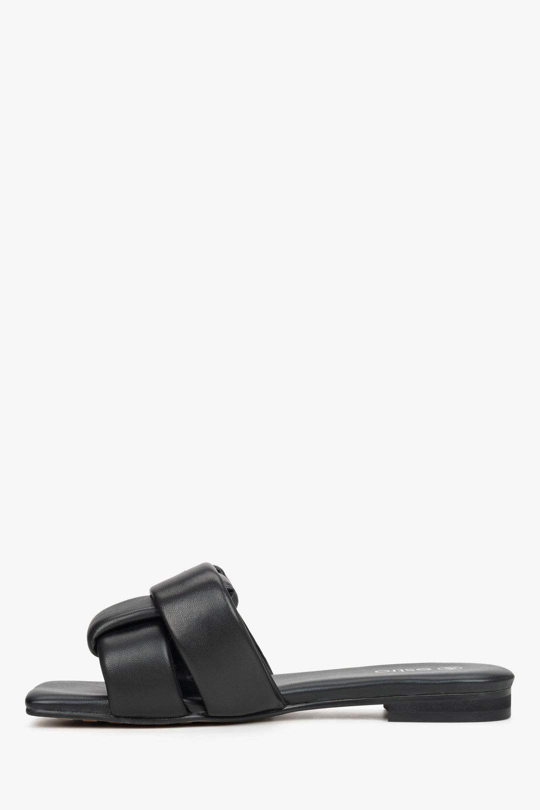 Estro Damen-Pantoletten aus schwarzem Leder – Seitenansicht des Schuhprofils.