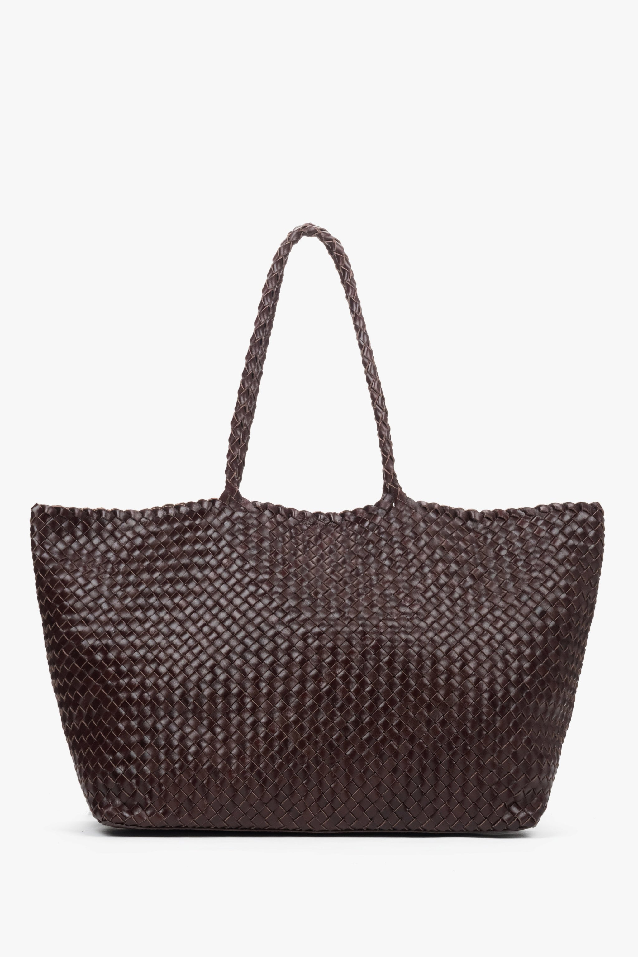 Dunkelbraune Damen Shopper Tasche aus geflochtenem Echtleder mit langen Henkeln – Estro ER00118928