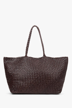 Dunkelbraune Damen Shopper Tasche aus geflochtenem Echtleder mit langen Henkeln – Estro ER00118928