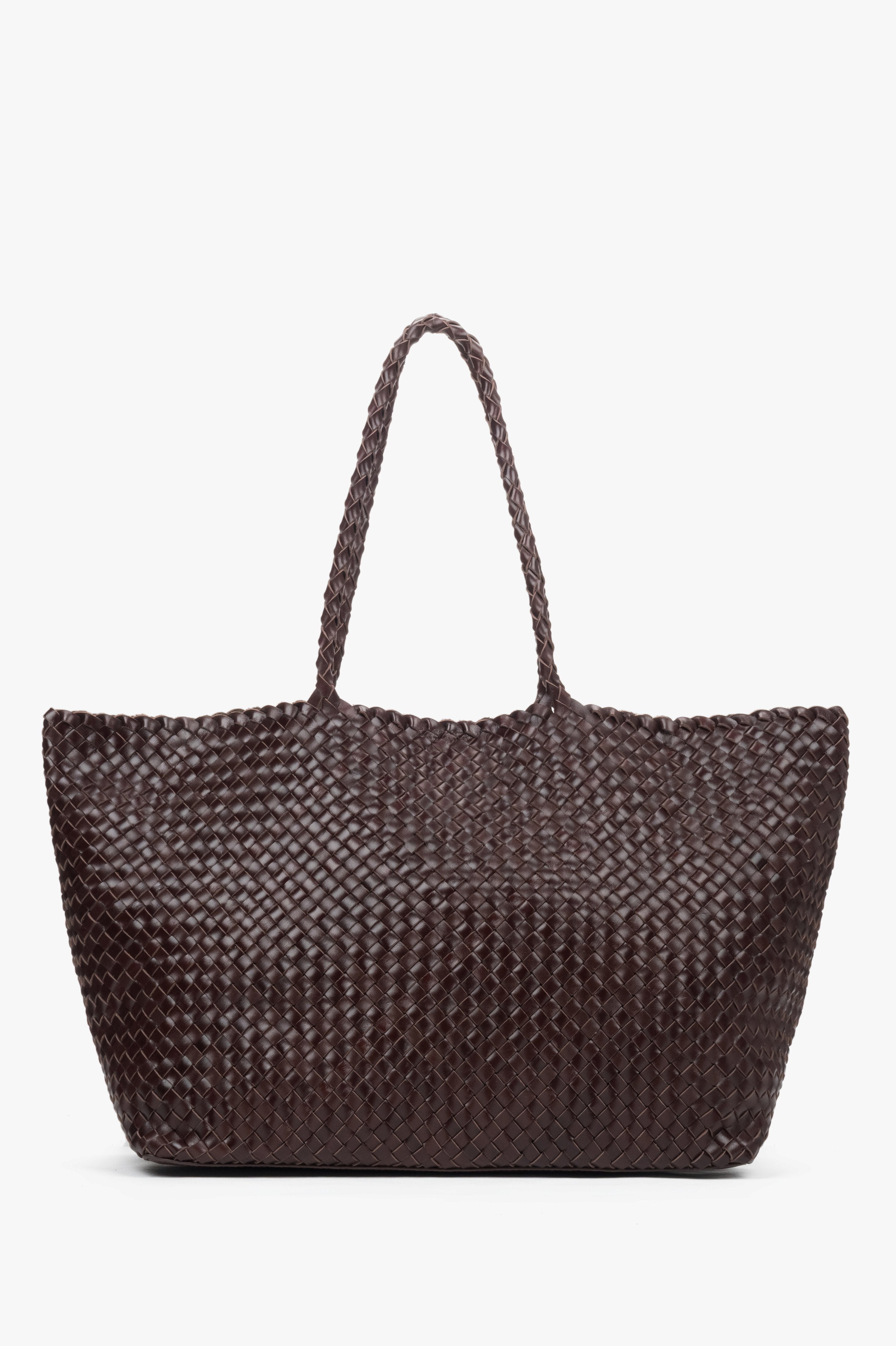 Dunkelbraune Damen Shopper Tasche aus geflochtenem Echtleder mit langen Henkeln – Estro ER00118928