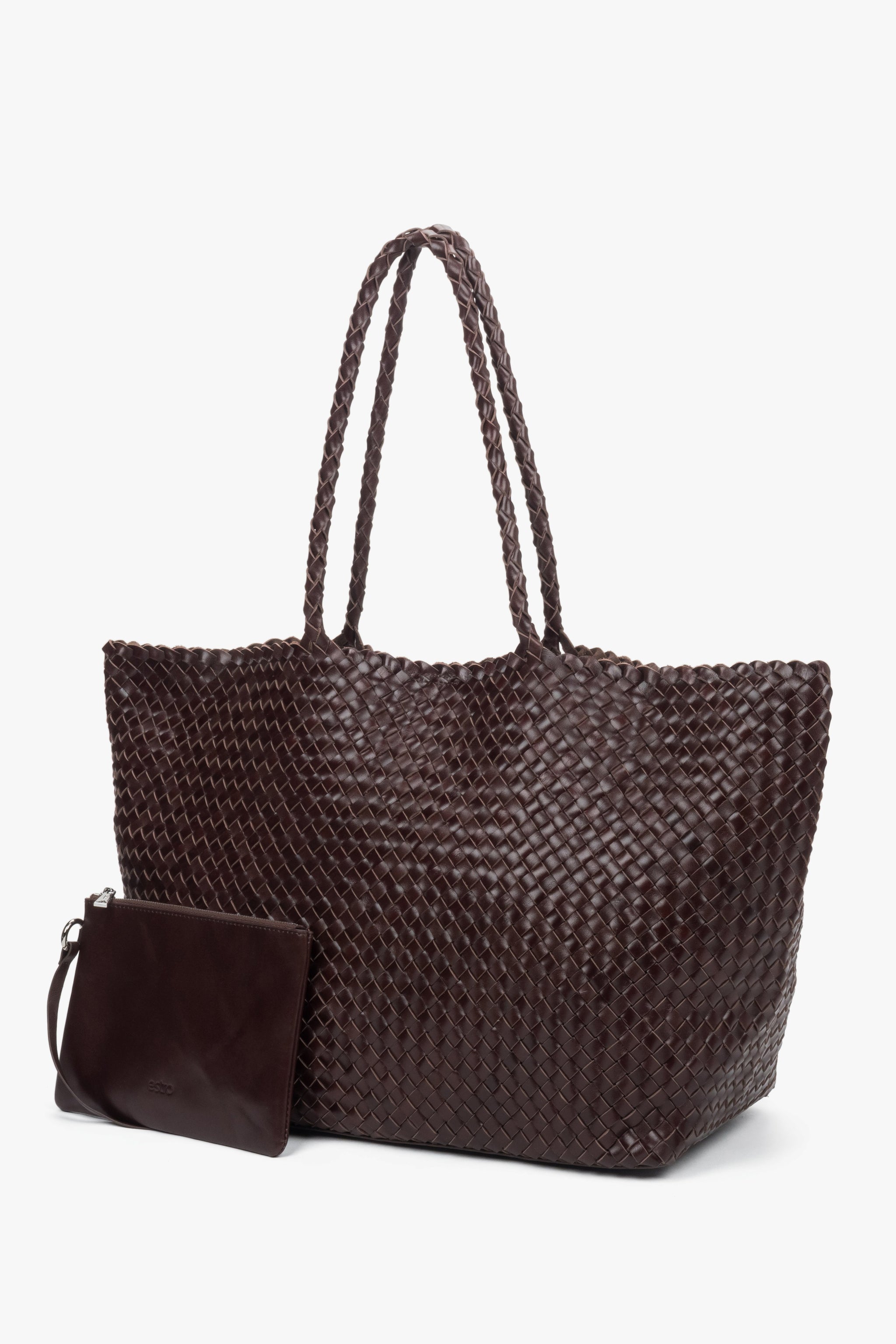 Große Damen Shopper Tasche aus dunkelbraunem geflochtenem Echtleder, elegantes Design – Estro ER00118928