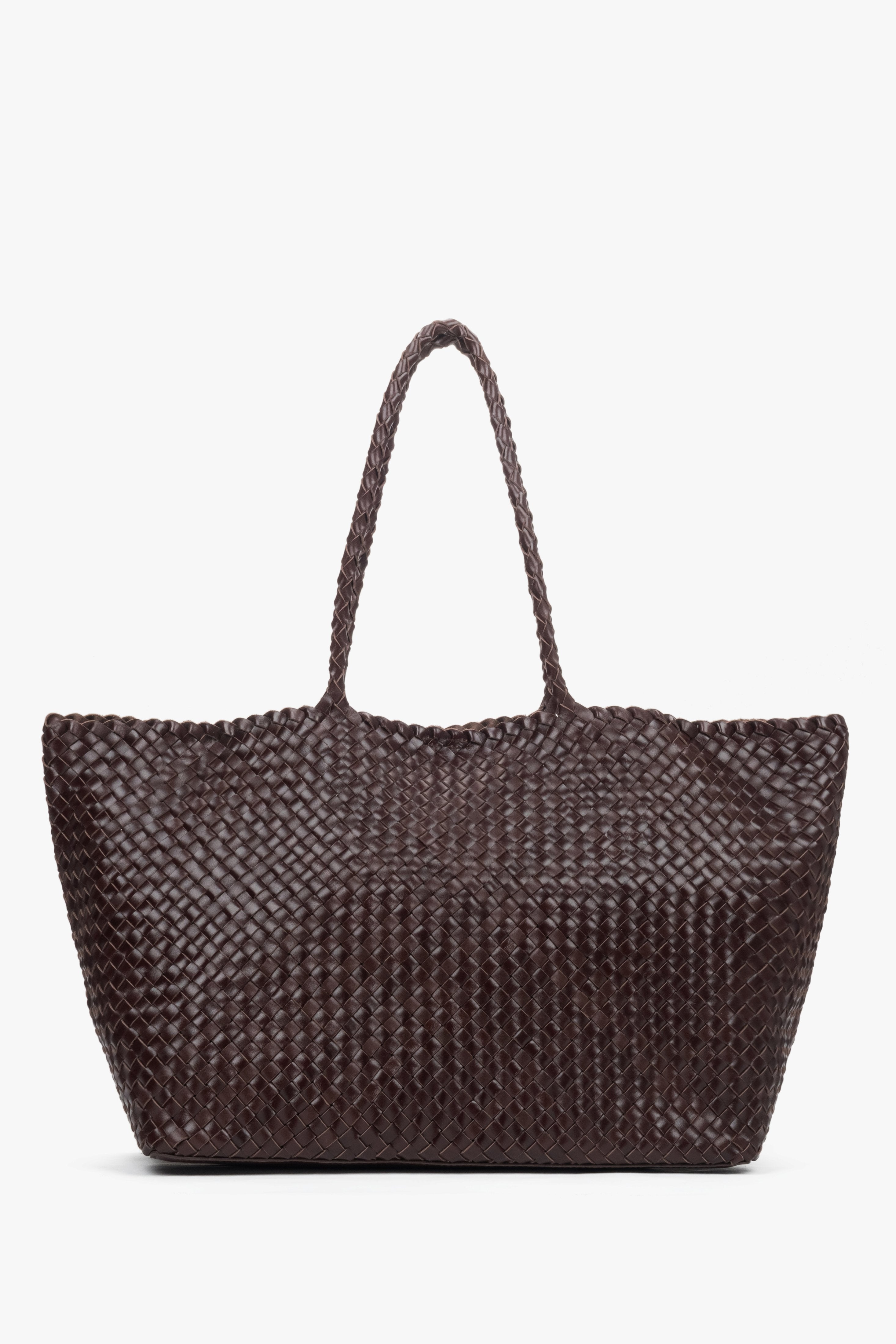 Eleganter Damen Shopper aus dunkelbraunem geflochtenem Echtleder für Arbeit und Alltag – Estro ER00118928