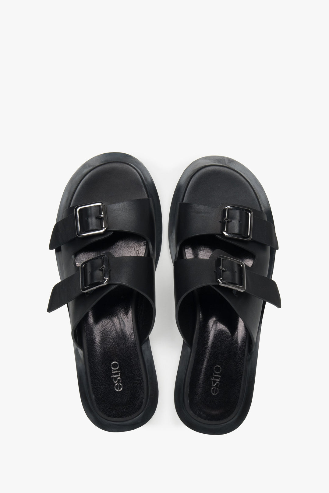 Black leather women's slides by Estro, perfect for summer, featuring a classic two-strap design.