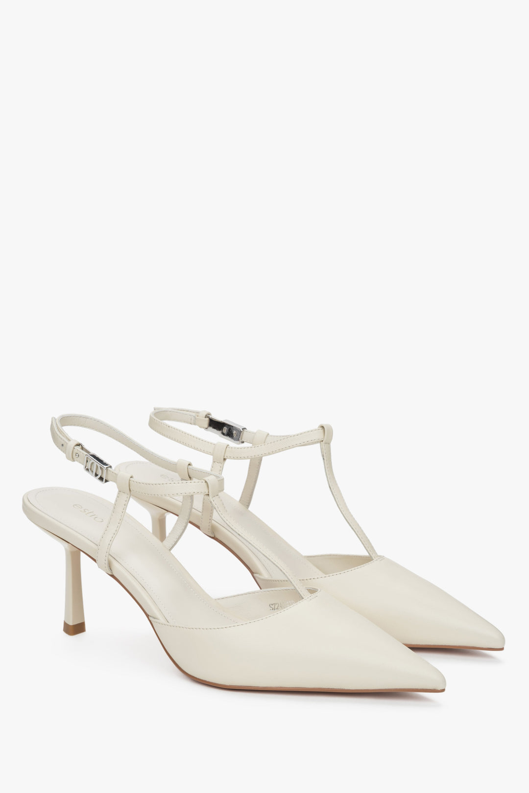 Damen-Slingback-Pumps von Estro aus beigem Leder mit spitzer Kappe und Stilettoabsatz.