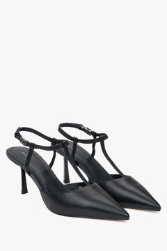 Estro Slingback-Pumps aus schwarzem Leder mit Stilettoabsatz und spitzer Kappe.