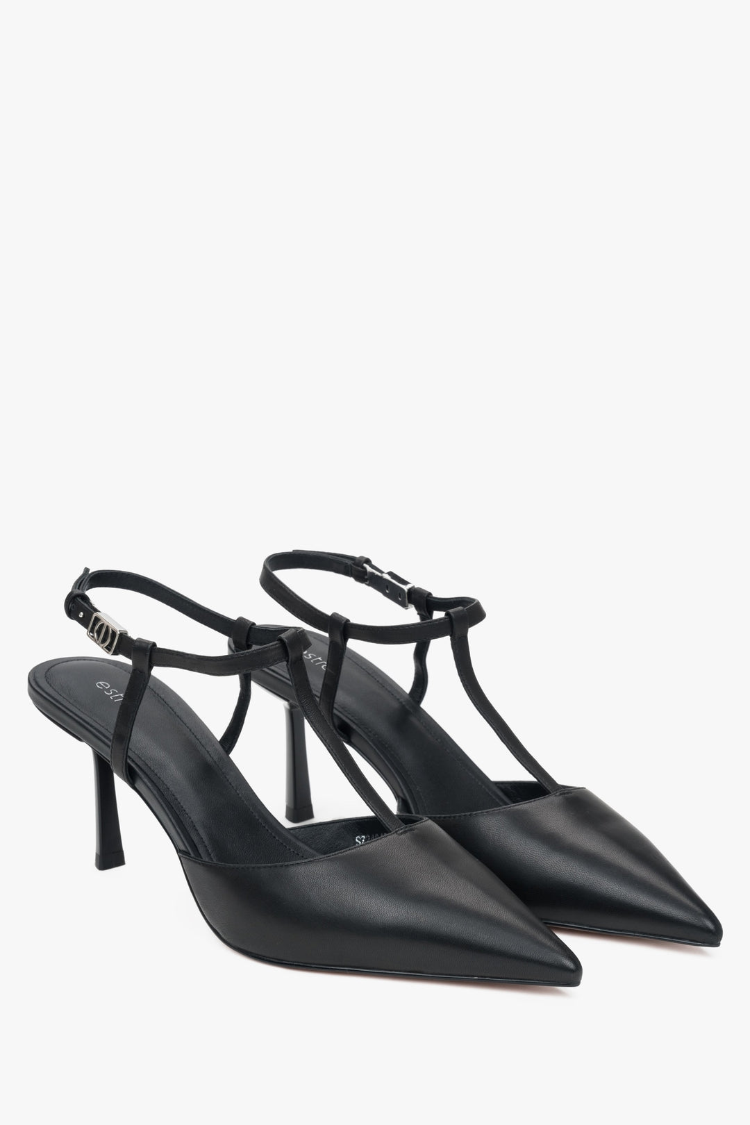 Estro Slingback-Pumps aus schwarzem Leder mit Stilettoabsatz und spitzer Kappe.