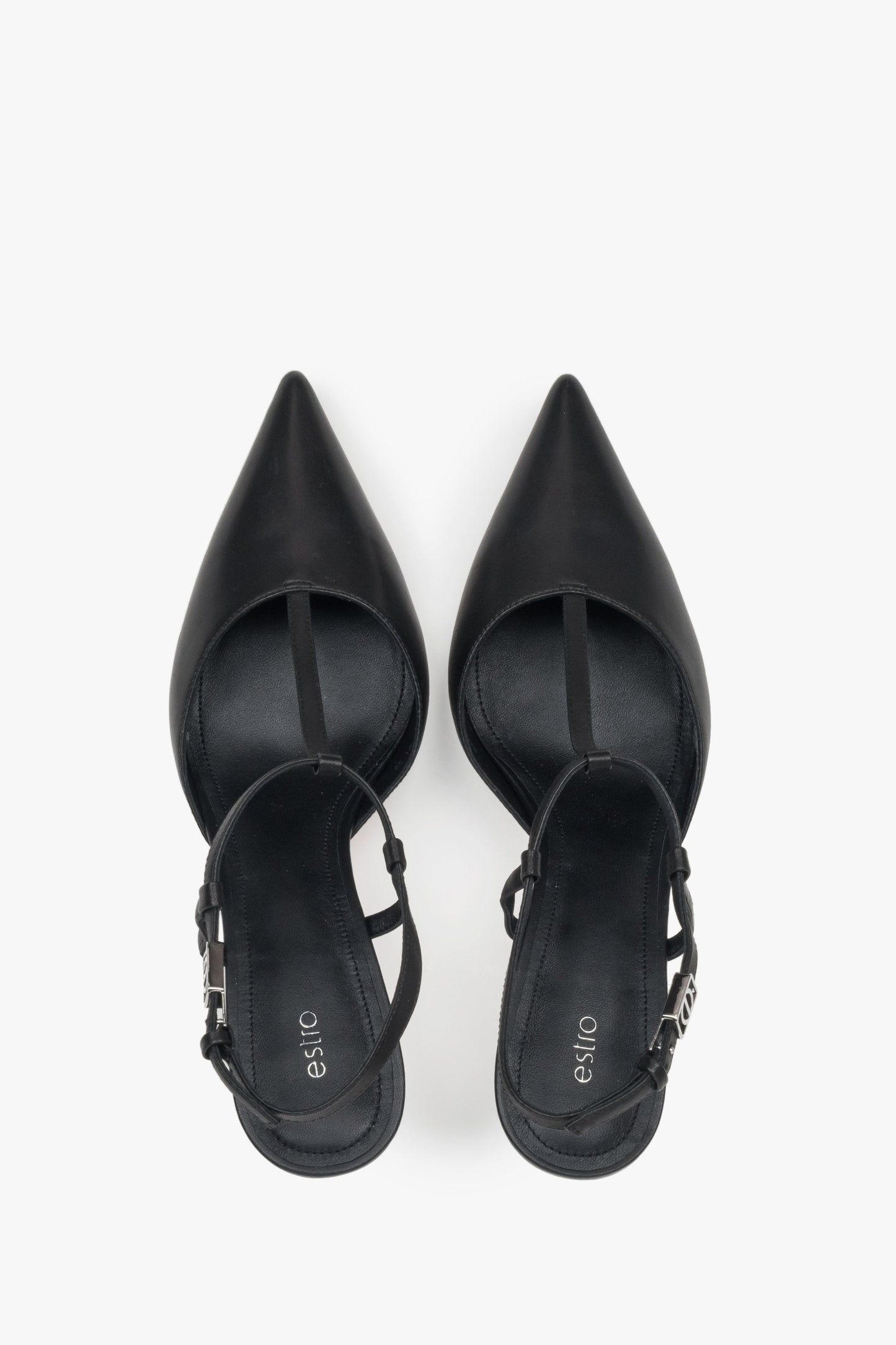Estro Damen-Slingback-Pumps aus schwarzem Leder mit Stilettoabsatz.