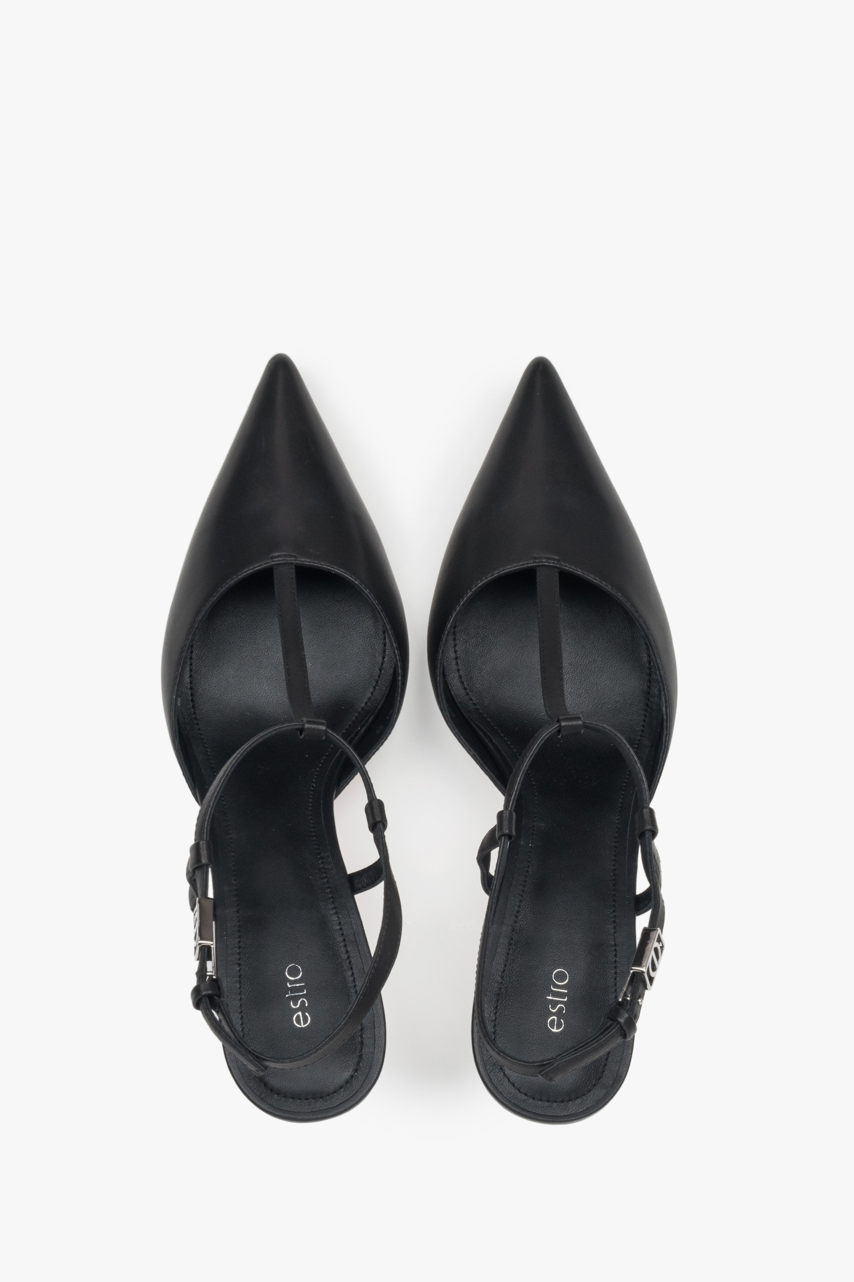 Estro Damen-Slingback-Pumps aus schwarzem Leder mit Stilettoabsatz.