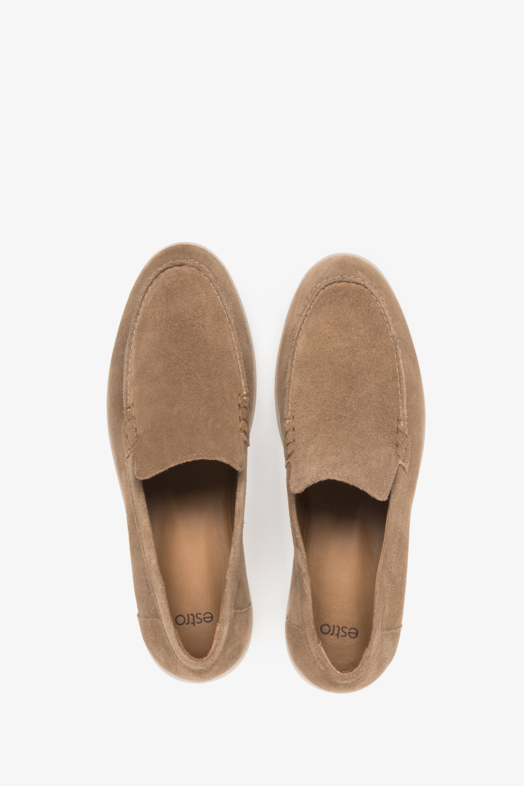Dunkelbeige Damen-Mokassins aus Veloursleder von oben als Paar