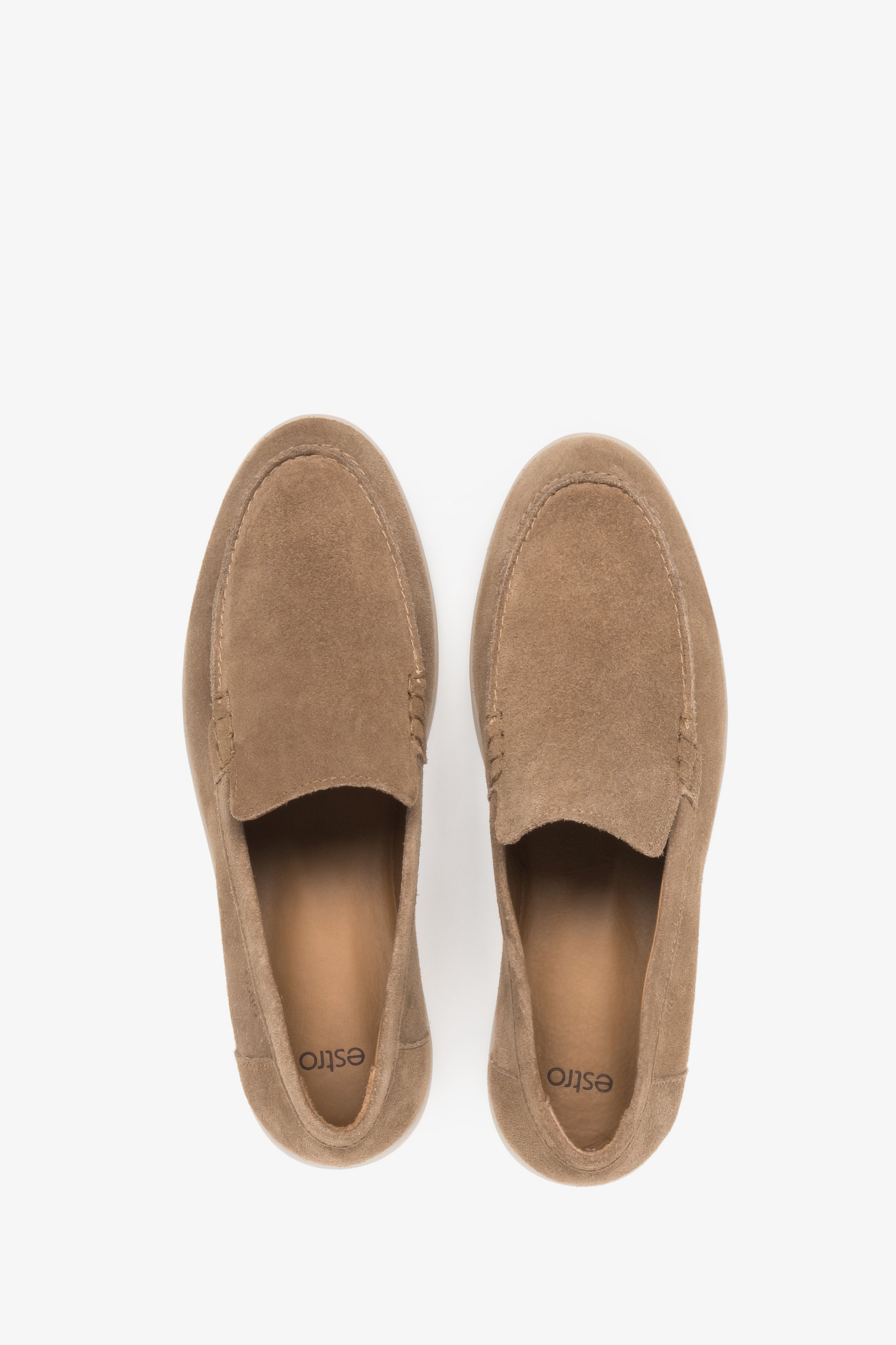 Dunkelbeige Damen-Mokassins aus Veloursleder von oben als Paar