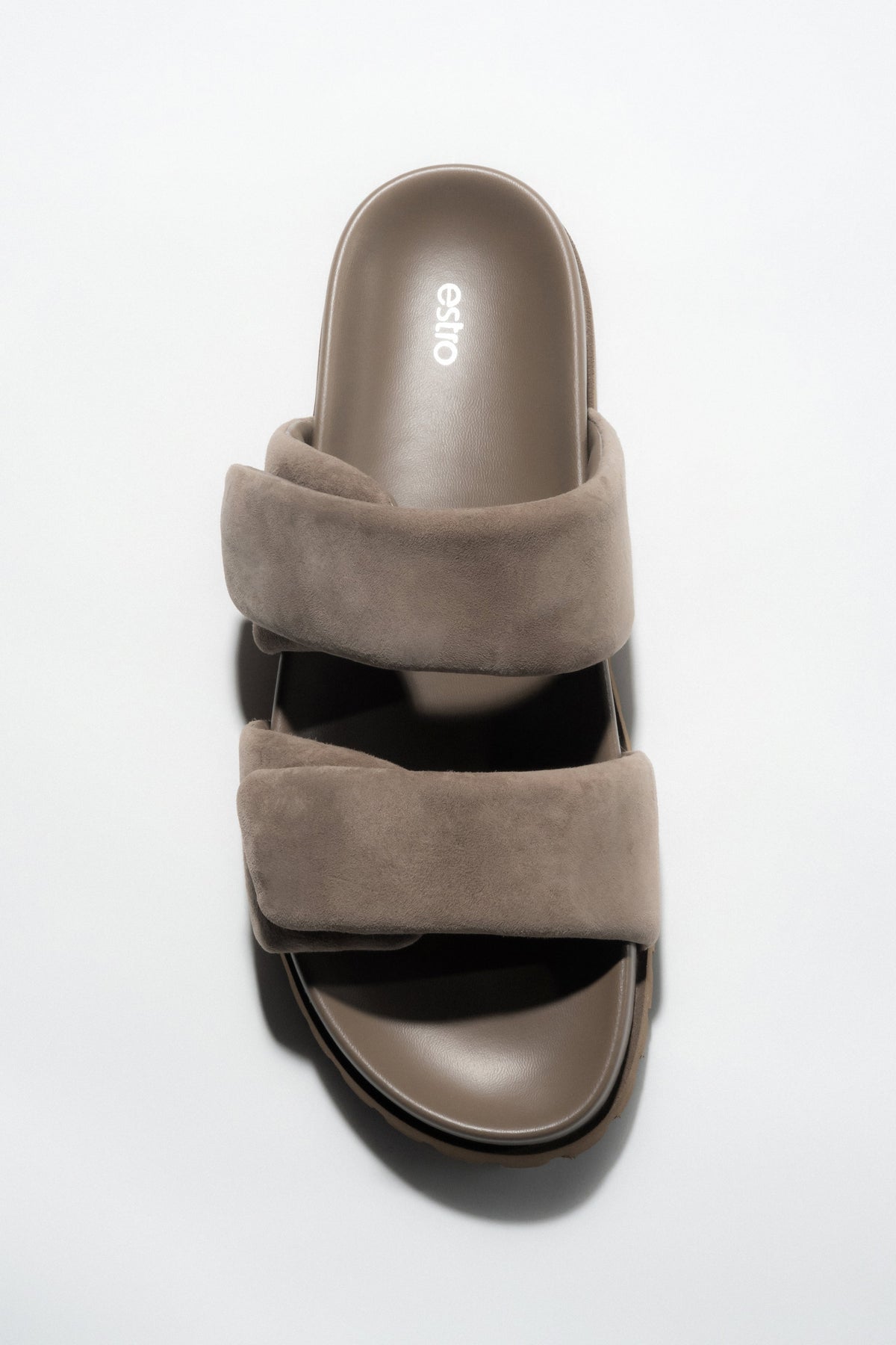 Dunkelbeige Damen-Pantoletten aus Veloursleder in Vorderansicht