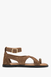 Dunkelbeige Damen-Sandalen aus Naturveloursleder in Seitenansicht