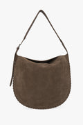 Dunkelbeige Damen-Schultertasche von Estro aus natürlichem Velours mit silberfarbenen Beschlägen.
