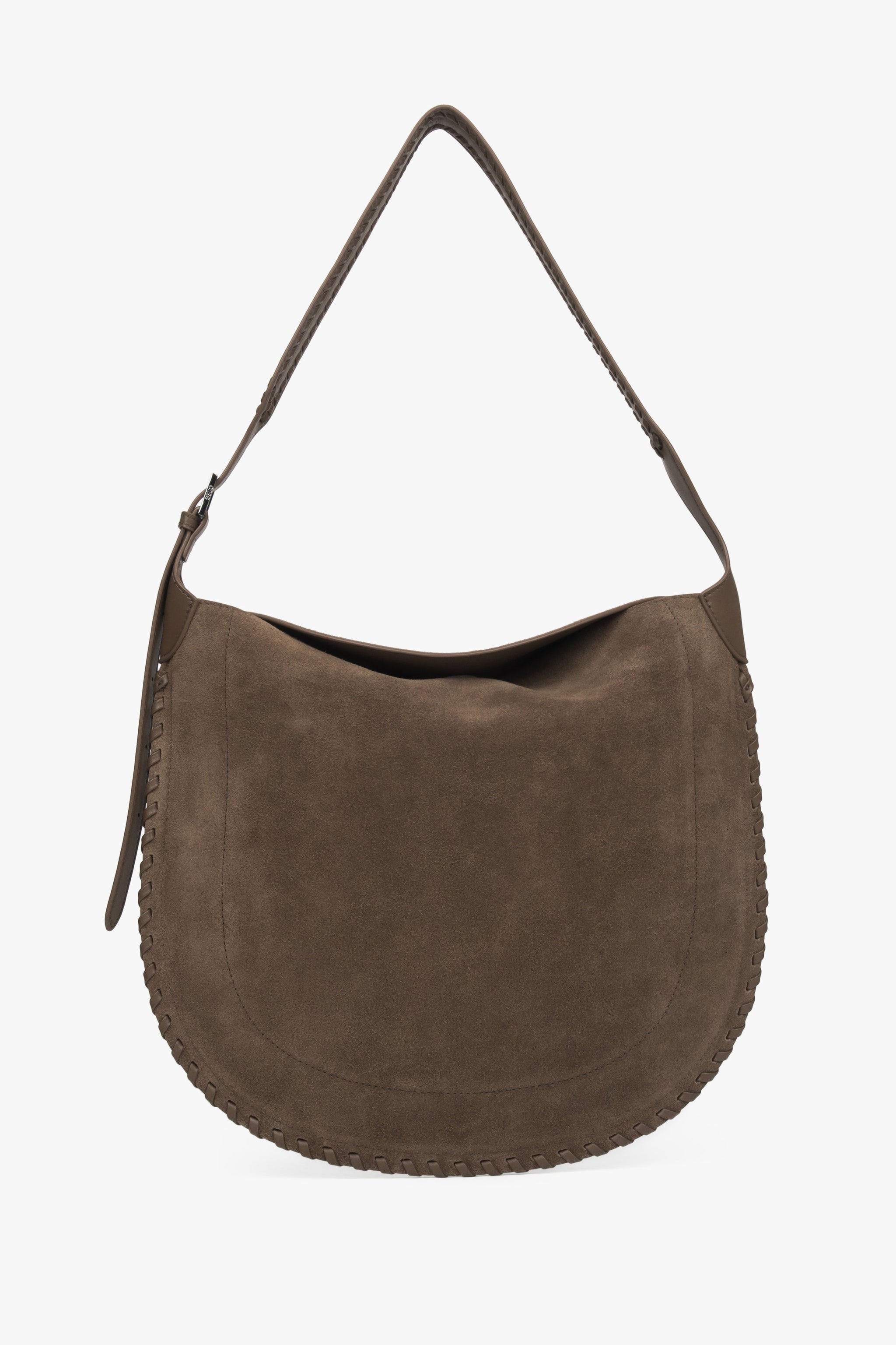Dunkelbeige Damen-Schultertasche von Estro aus natürlichem Velours mit silberfarbenen Beschlägen.
