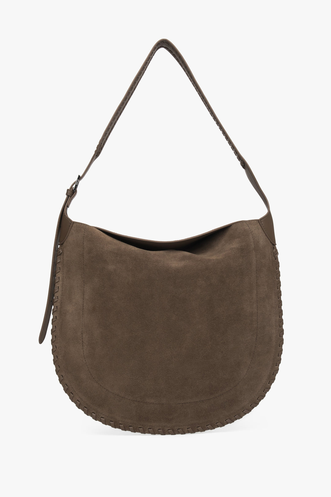 Dunkelbeige Damen-Schultertasche von Estro aus natürlichem Velours mit silberfarbenen Beschlägen.
