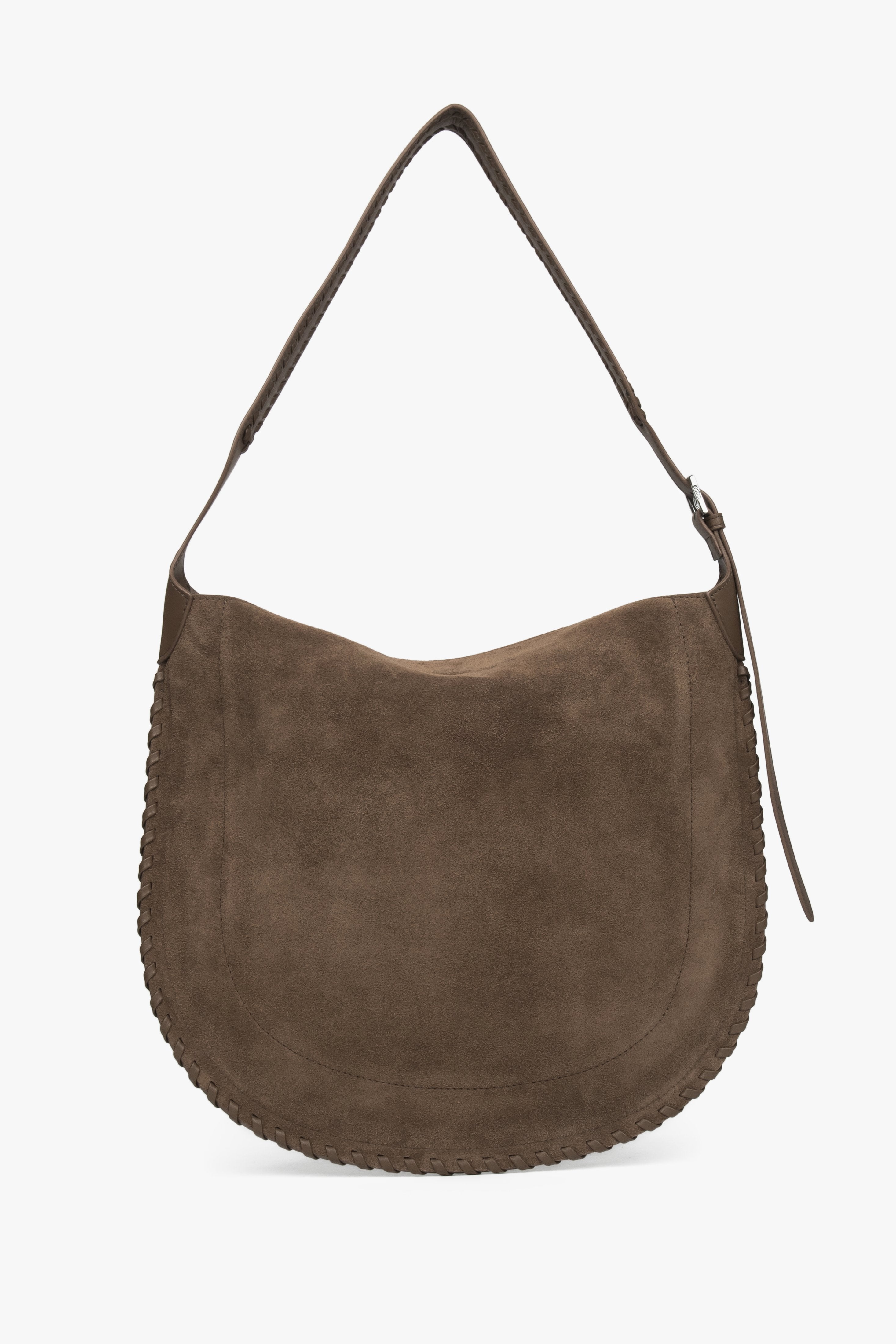 Rückansicht der dunkelbeigen Damen-Schultertasche aus natürlichem Velours von Estro.
