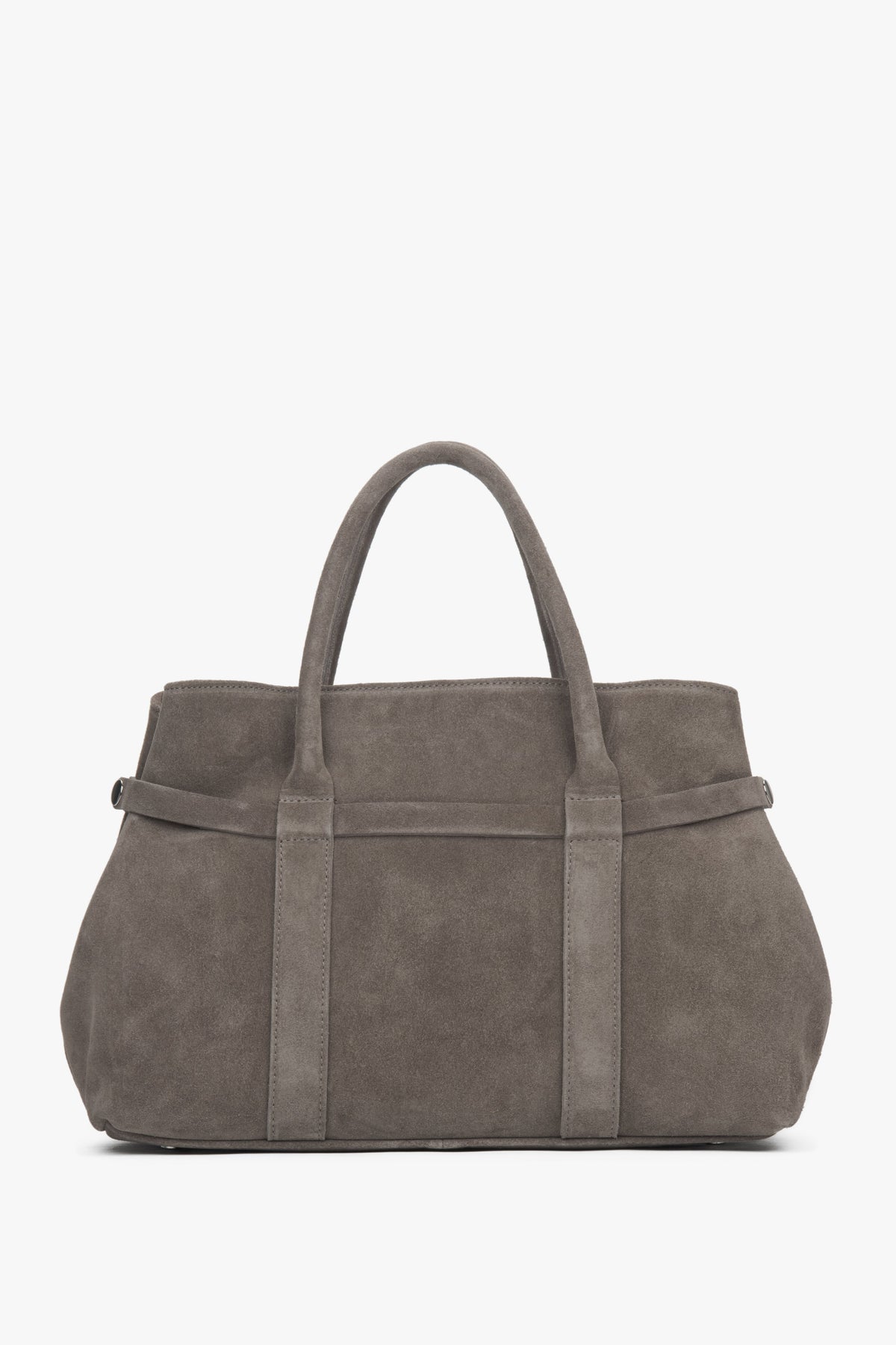 Frontale Ansicht der dunkelbeige Shopper-Tote-Bag aus Naturvelours mit aufgestellten Griffen 