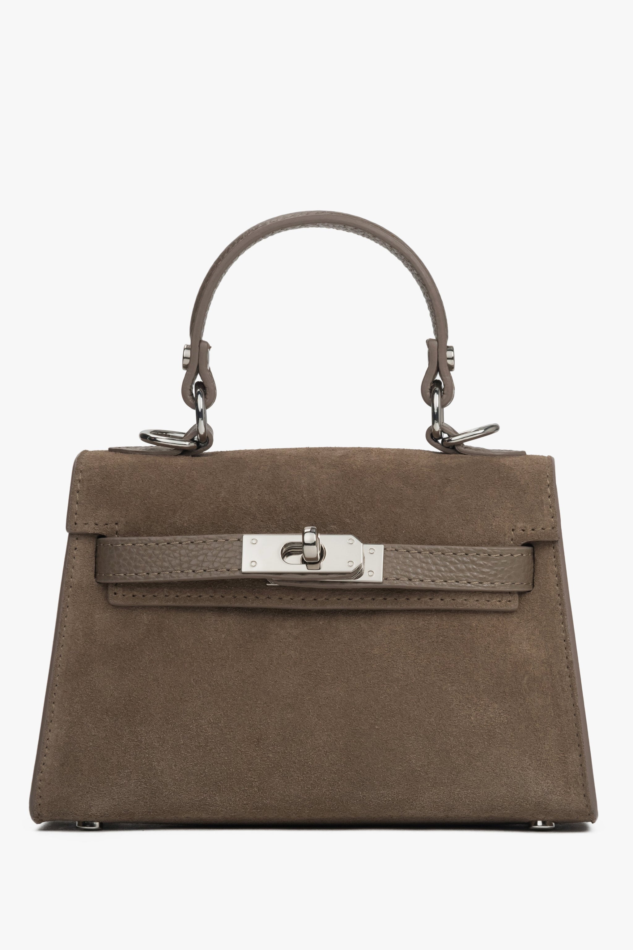 Frontansicht der eleganten dunkelbeigen Koffer-Handtasche mit silbernen Beschlägen