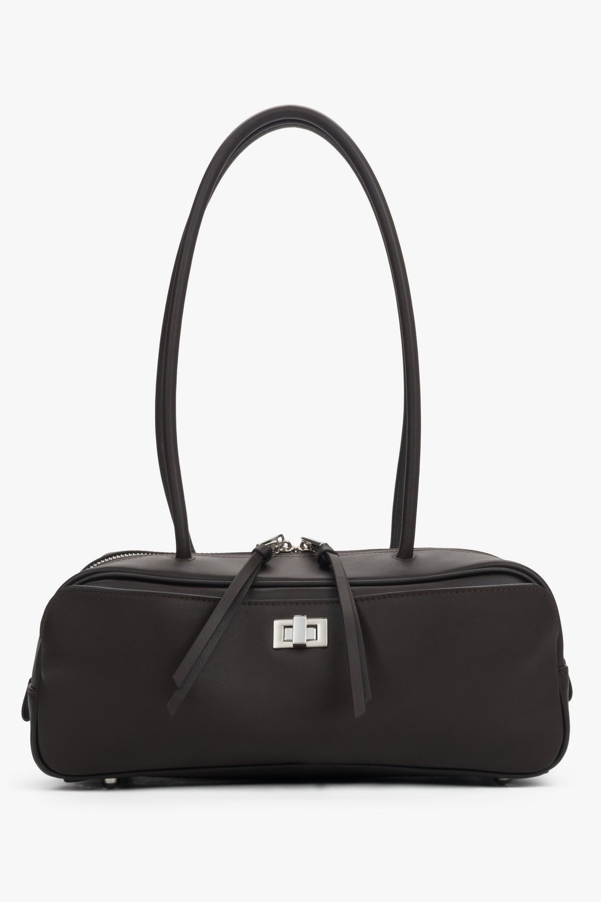 Frontale Perspektive der dunkelbraunen Damen-Schultertasche mit länglicher Silhouette