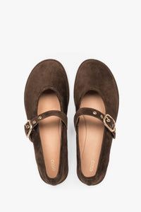 Dunkelbraune Damen-Ballerinas aus natürlichem Veloursleder von oben mit goldfarbener Schnalle