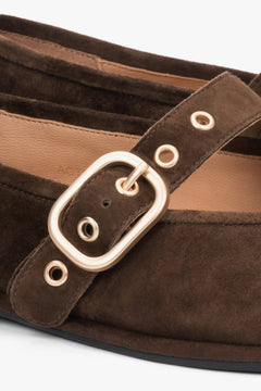 Detailaufnahme dunkelbrauner Damen-Ballerinas aus Veloursleder mit goldfarbener Schnalle