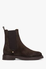 Flache Profilansicht der dunkelbraunen Velours-Chelsea-Boots für Damen 