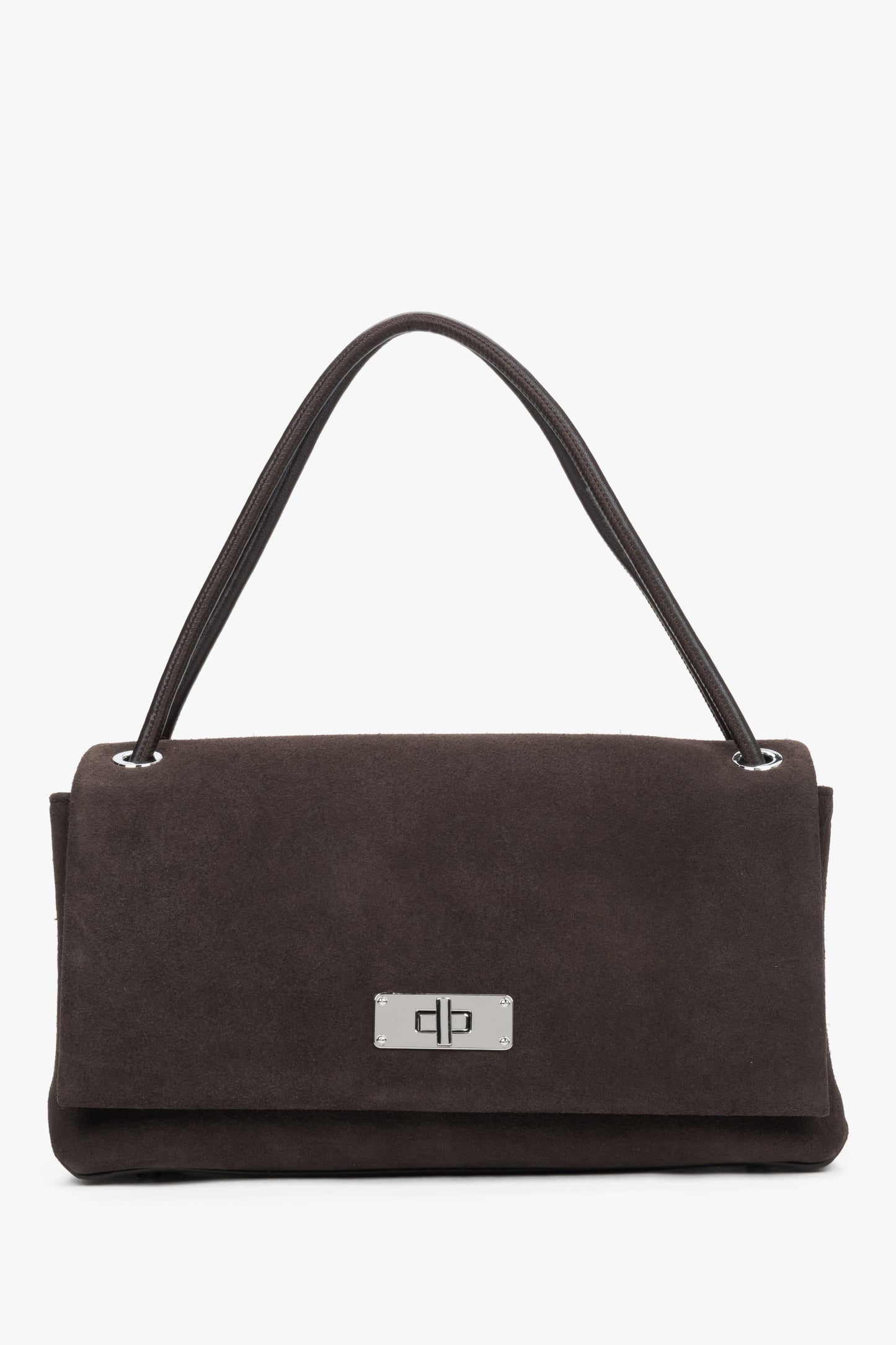 Dunkelbraune Damen-Crossbody-Bag aus echtem Velours in Frontansicht mit kurzem Henkel