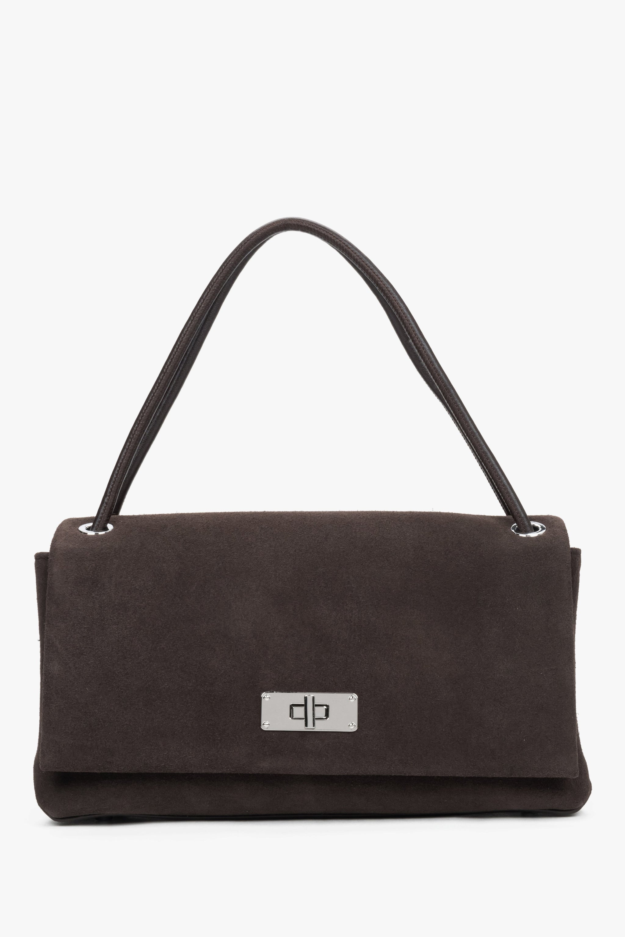 Dunkelbraune Damen-Crossbody-Bag aus echtem Velours in Frontansicht mit kurzem Henkel