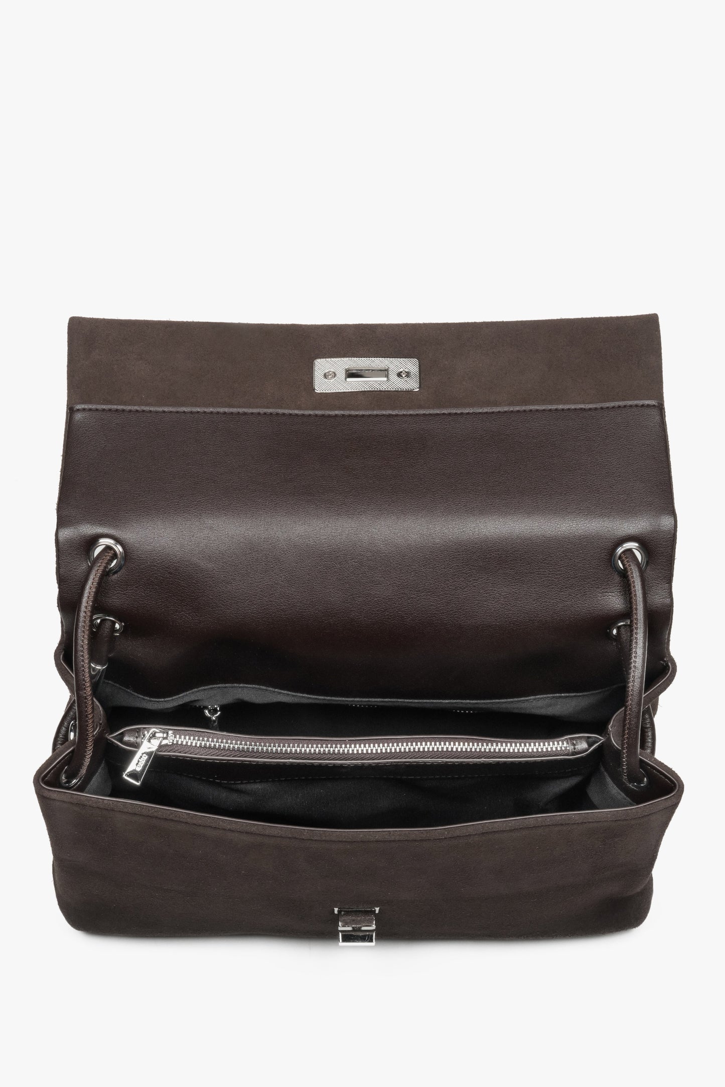 Innenansicht dunkelbrauner Damen-Crossbody-Bag mit drei Hauptfächern