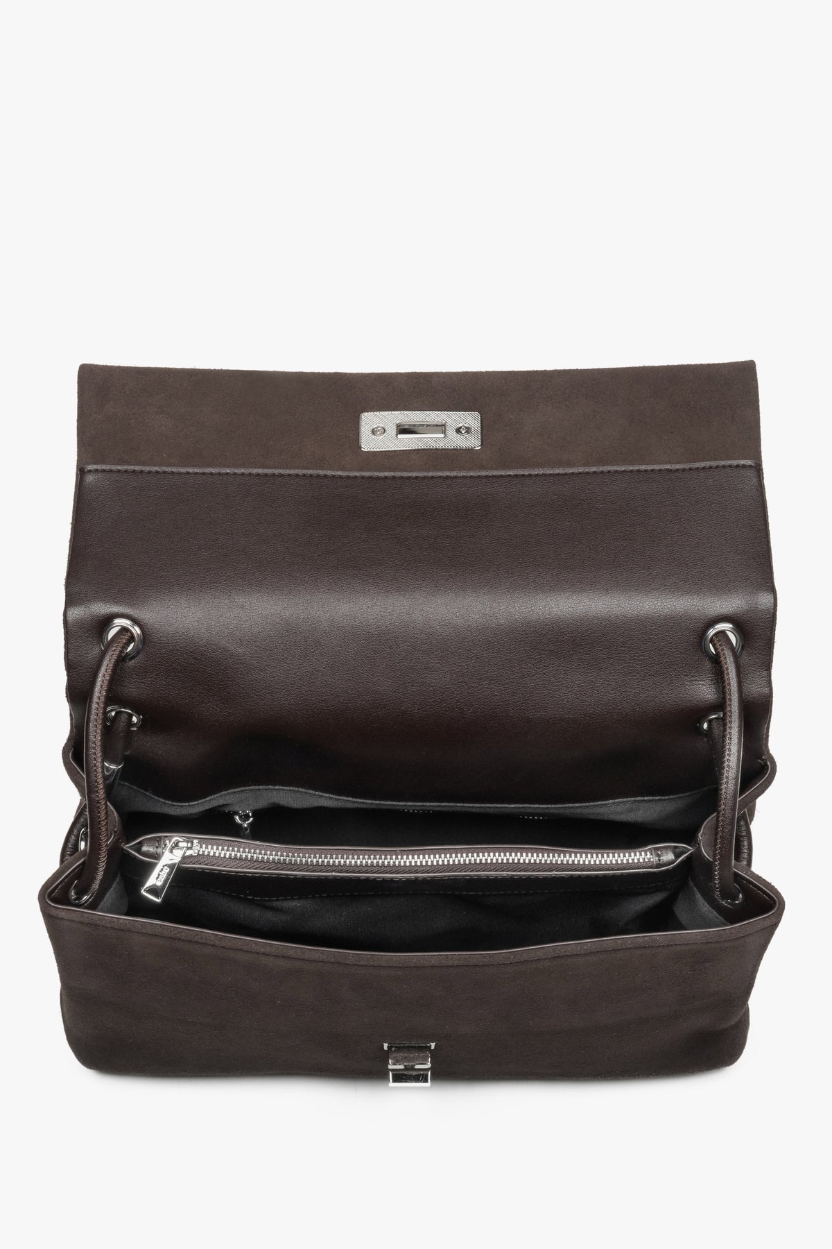 Innenansicht dunkelbrauner Damen-Crossbody-Bag mit drei Hauptfächern