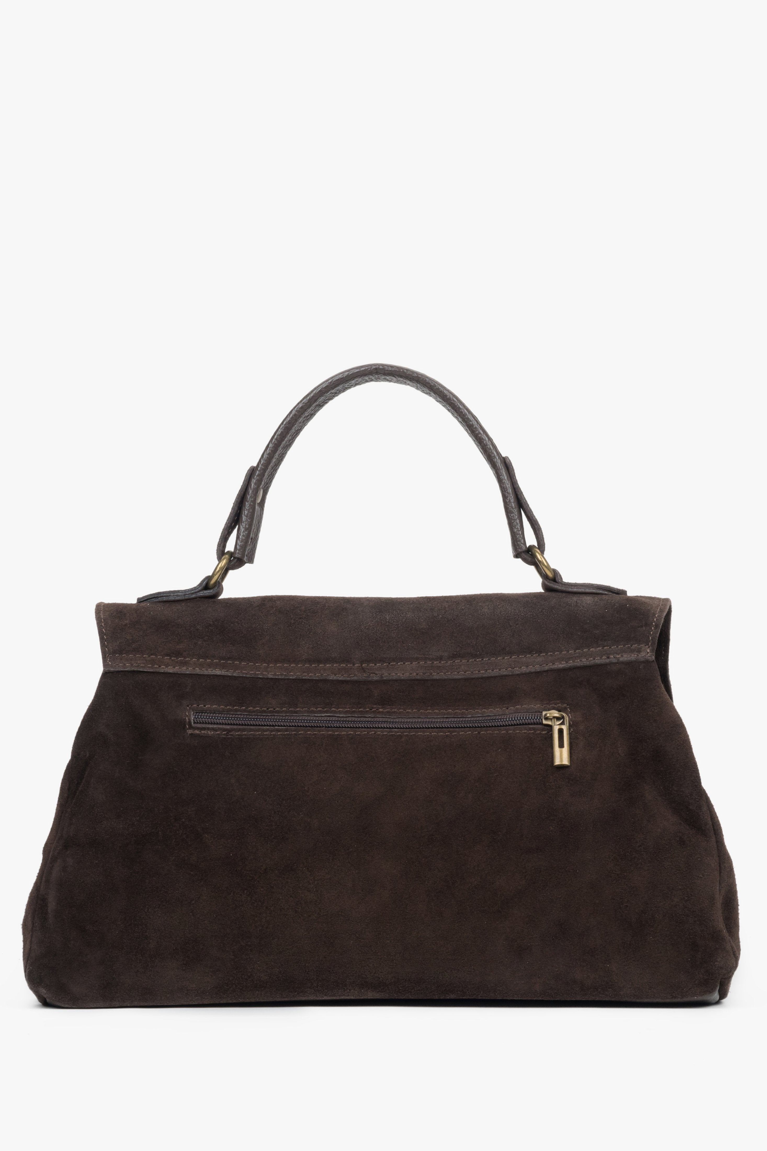 Rückwärtige Ansicht der dunkelbraunen Velours-Tasche mit Reißverschlussfach 