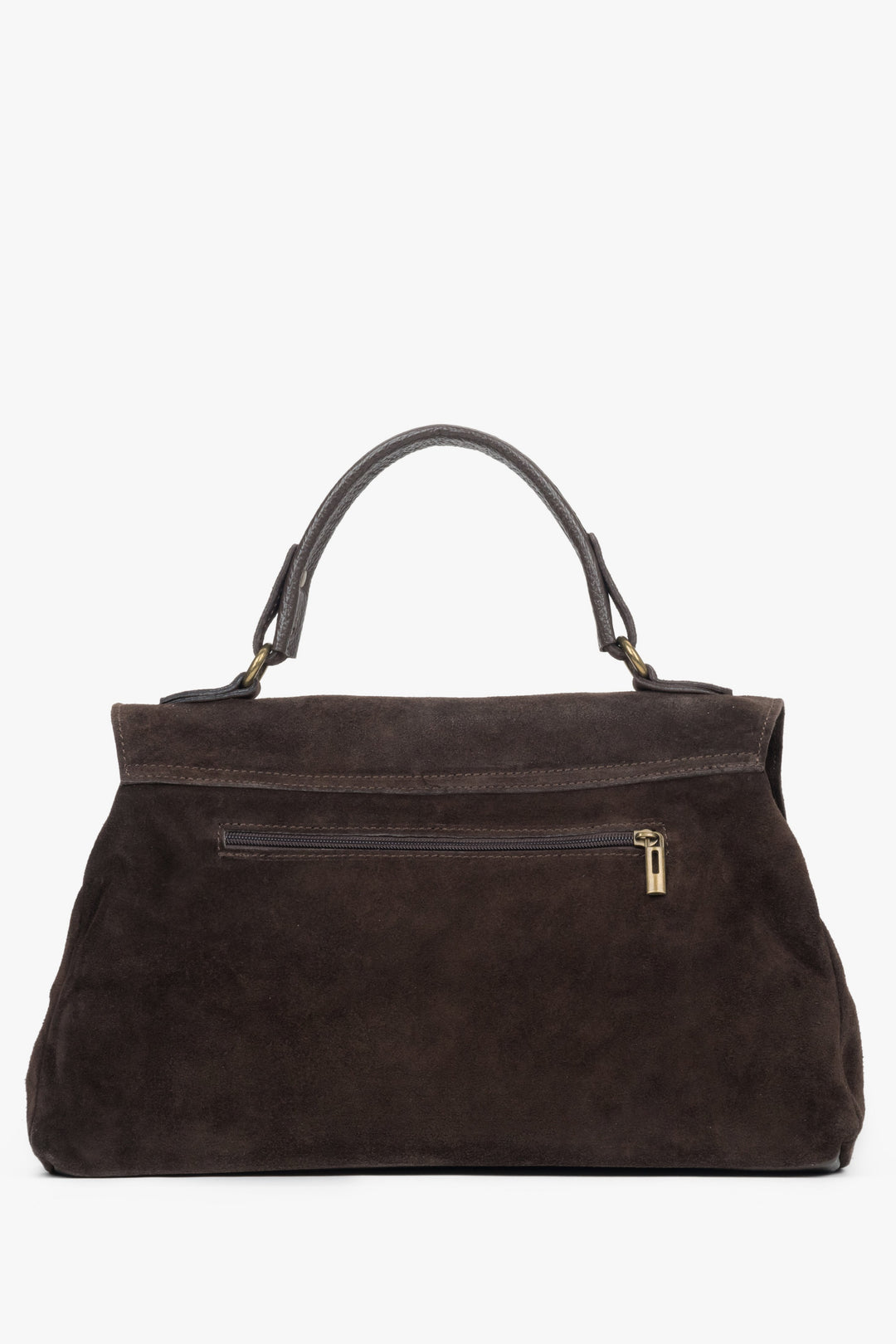 Rückwärtige Ansicht der dunkelbraunen Velours-Tasche mit Reißverschlussfach 