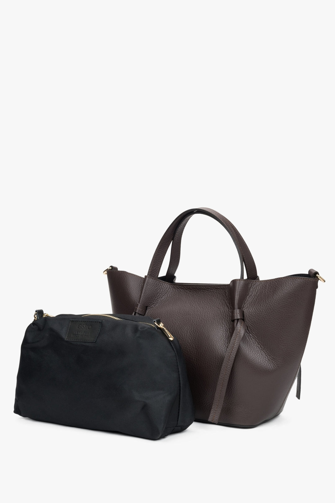 Handtasche aus italienischem Leder mit herausnehmbarer Kosmetiktasche - dunkelbraun.