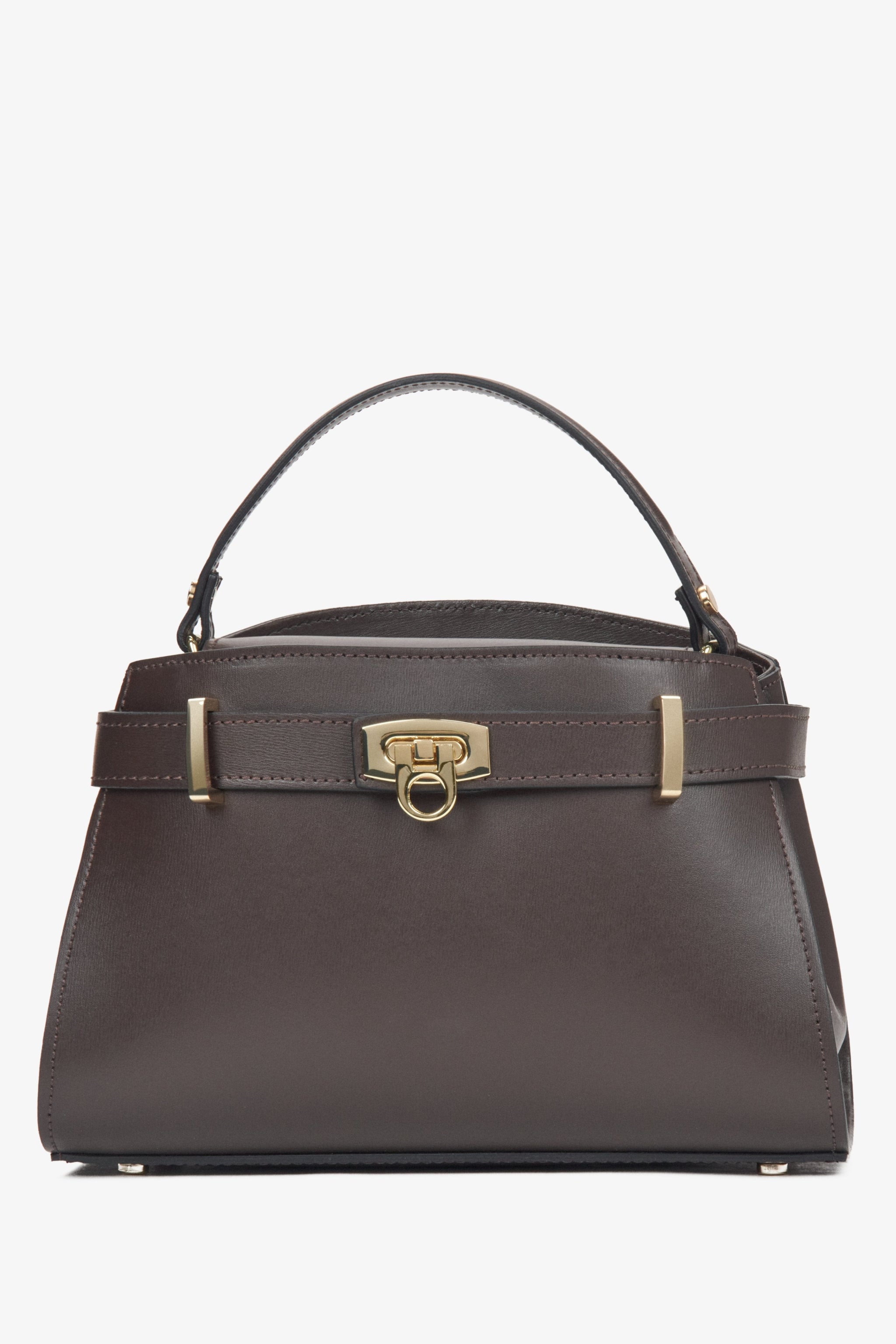 Frontale Ansicht der dunkelbraunen Leder-Handtasche mit markantem goldenen Verschluss 