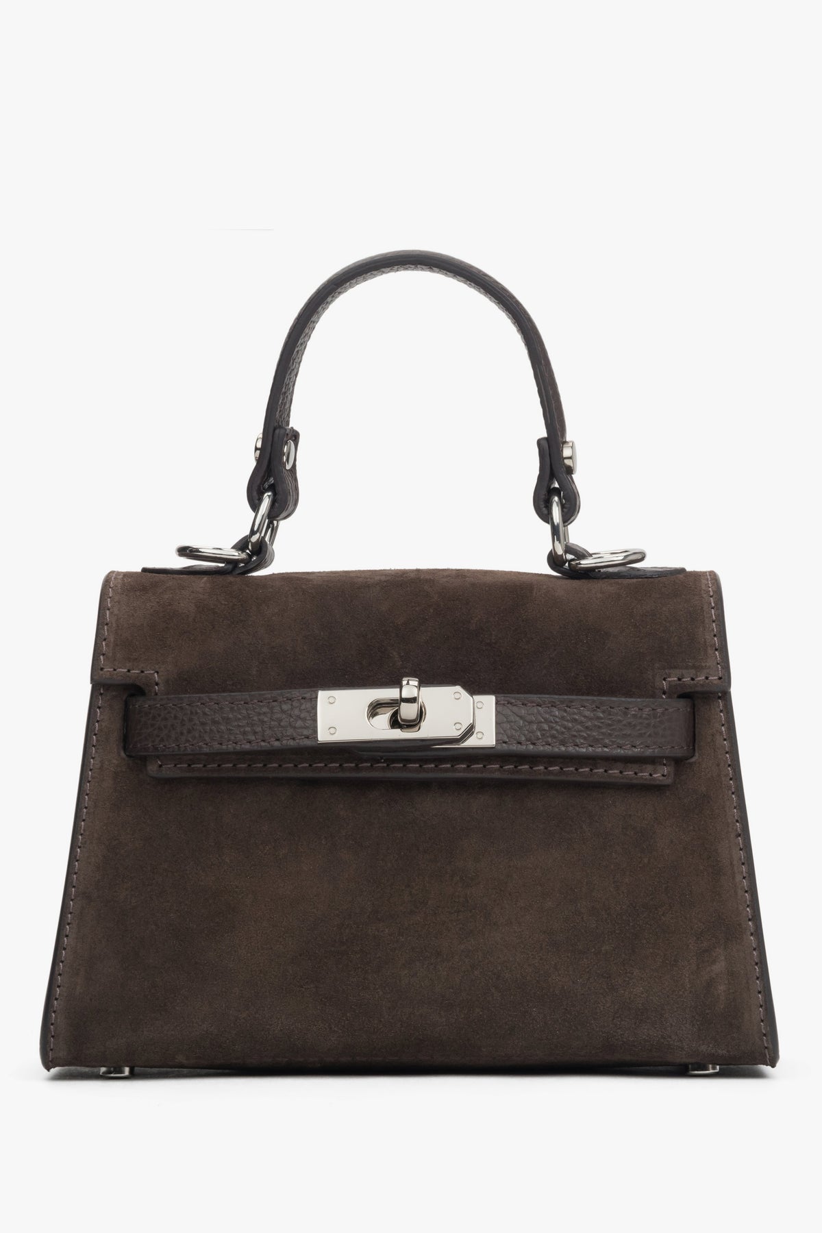 Frontansicht der dunkelbraunen Damen-Henkeltasche aus Veloursleder