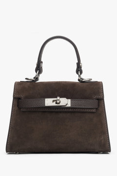Frontansicht der dunkelbraunen Damen-Henkeltasche aus Veloursleder