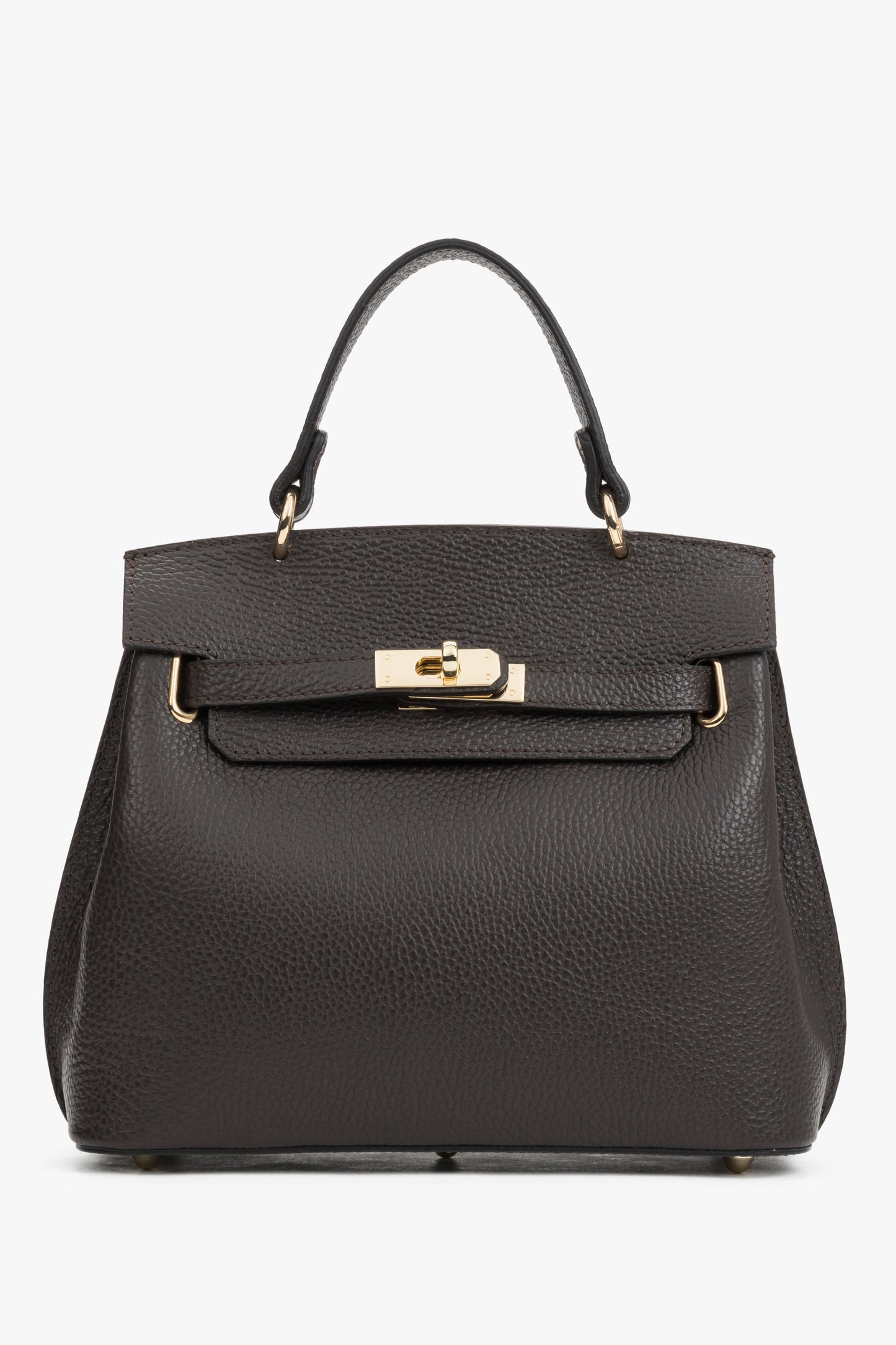 Frontale Ansicht der dunkelbraunen Leder-Henkeltasche mit elegantem Goldverschluss und strukturiertem Finish 