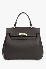 Frontale Ansicht der dunkelbraunen Leder-Henkeltasche mit elegantem Goldverschluss und strukturiertem Finish 