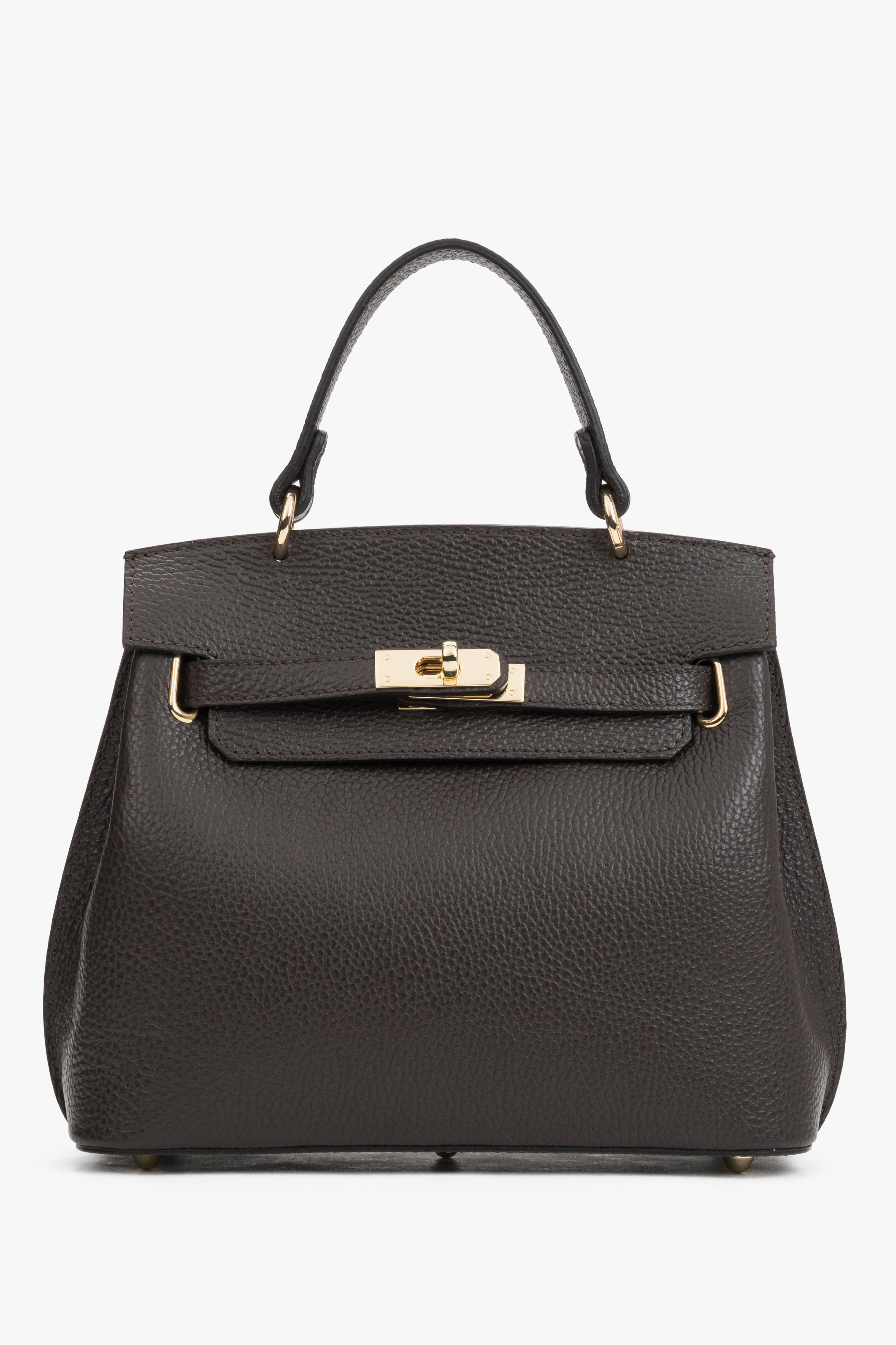 Frontale Ansicht der dunkelbraunen Leder-Henkeltasche mit elegantem Goldverschluss und strukturiertem Finish 