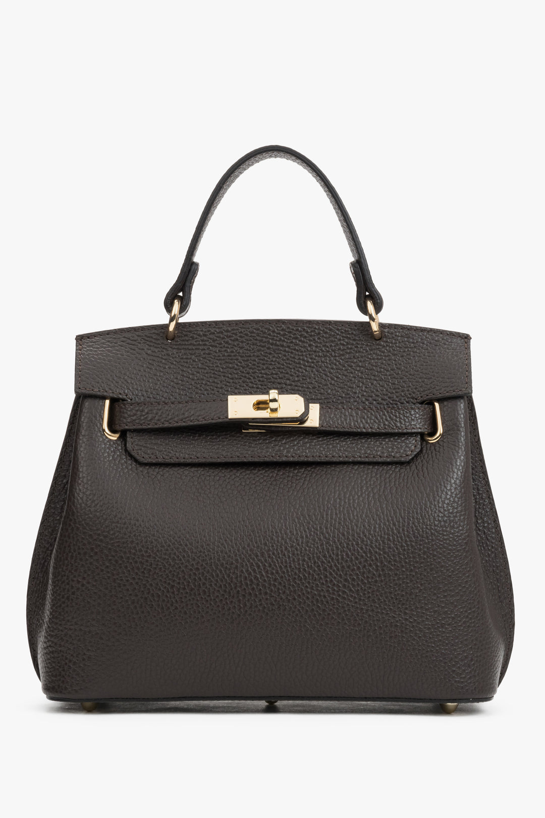 Frontale Ansicht der dunkelbraunen Leder-Henkeltasche mit elegantem Goldverschluss und strukturiertem Finish 