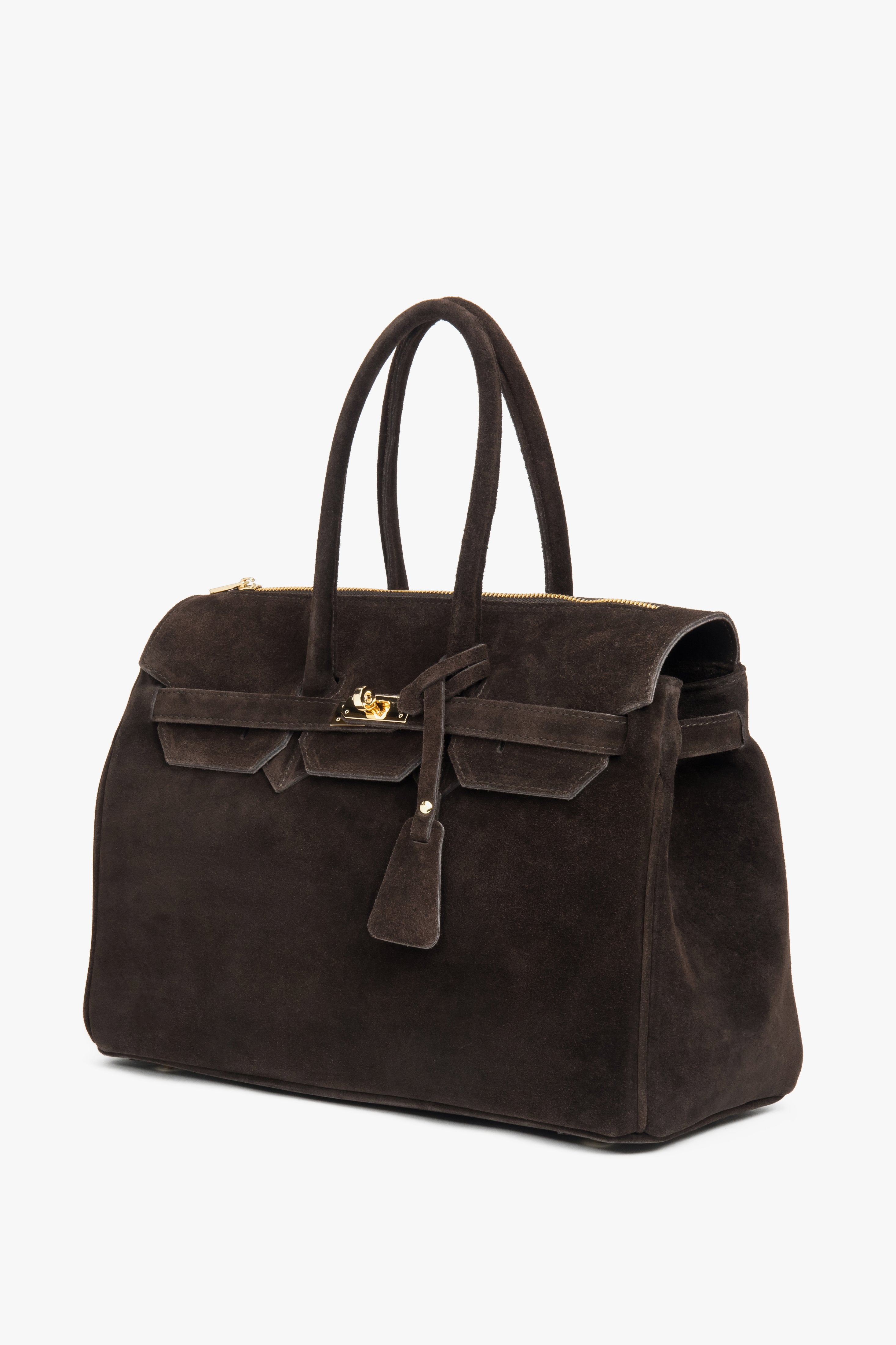 Schrägansicht der samtigen Velours-Handtasche zur Veranschaulichung der Tiefe